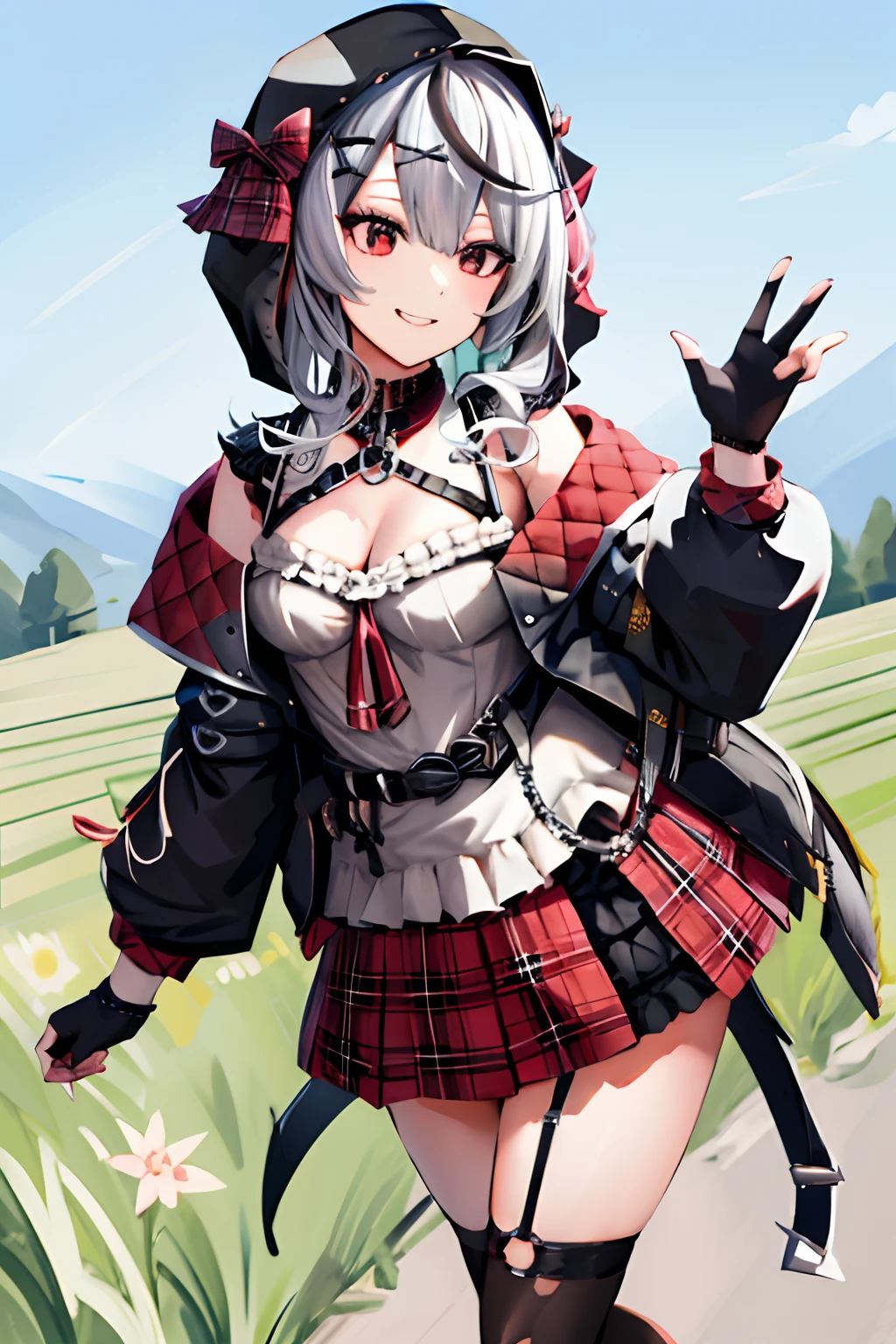 masterpiece, best quality, highres, 1girl, solo, red_eyes, sakamata chloe, garter straps, black fingerless gloves, torn thighhighs, grey hair, hair ornament, multicolored hair, plaid skirt, streaked hair, cleavage, x hair ornament, black hair, red skirt, black collar, white camisole, medium breasts, miniskirt, pleated skirt, black thighhighs, braid, white shirt, black_belt, medium hair, black jacket, plaid_bow, hood_up, long sleeves, off shoulder, smile, field, walking,