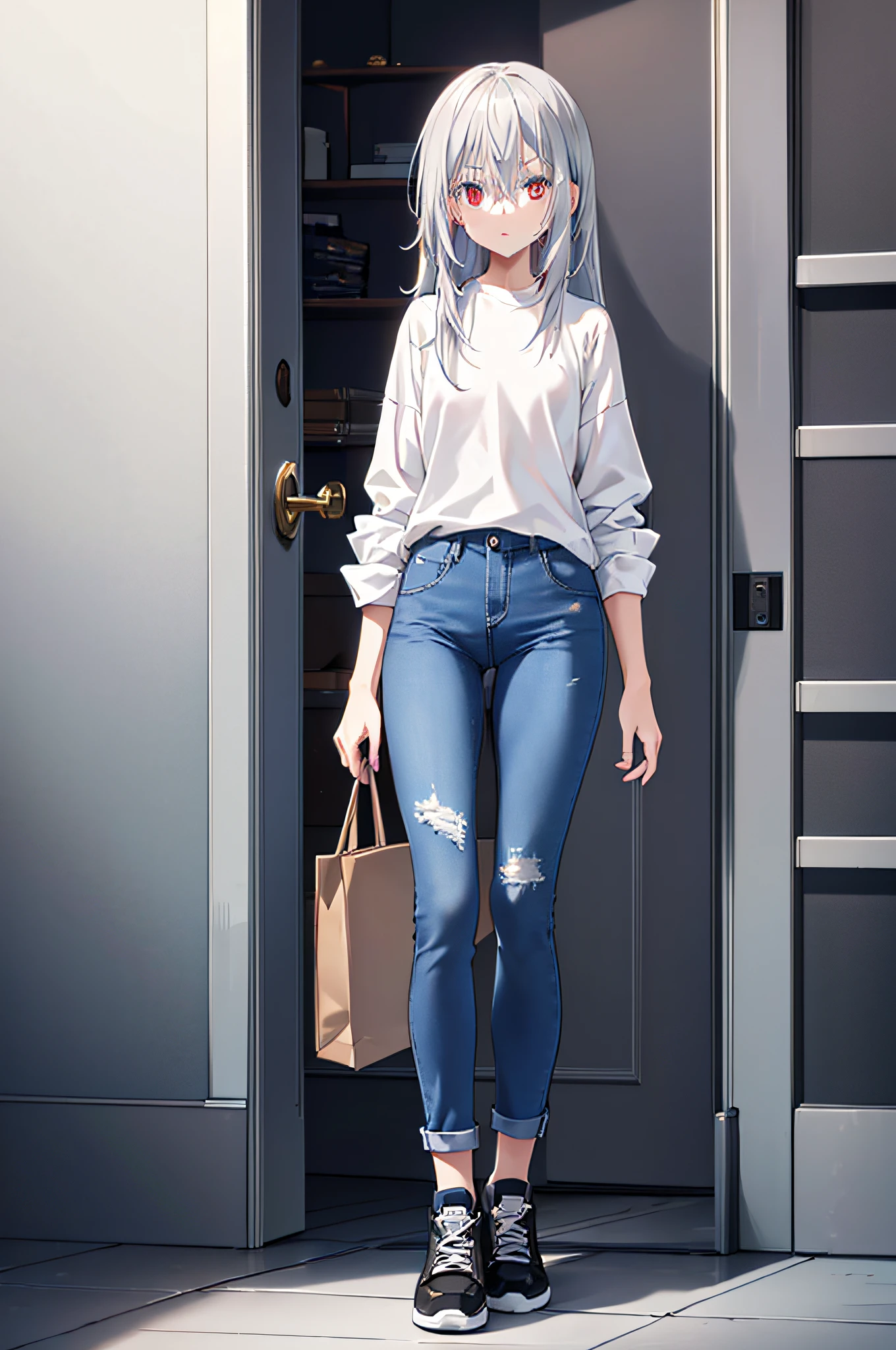 Young Female with long silky silver-grey hair falling down her shoulders, hair flowing down in waves, cold red eyes, ice expression and aura, clear skin, wearing a simple plain white shirt, dark grey jeans that fit tightly to her skin, practical yet stylish shoes, shoes with pink laces, sturdy looking shoes, masterfully crafted lines, perfectly sculpted face, natural posture, clean shadows, masterpiece, ultra detailed, ultra-high details, life-like portrayal