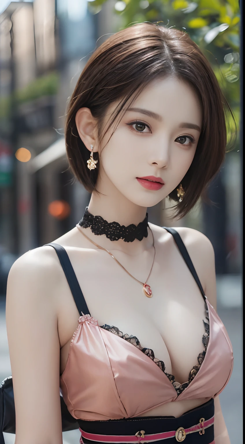 (RAW photo, high resolution, best quality, masterpiece:1.3), (realistic detailed, hyperrealistic, photorealistic: 1.2), shot by Canon EOS R6, Sharp focus, f/1.8, mid shot, upper body shot, 1girl, very delicate and beautiful, beautiful detailed girl, very detailed eyes and face, triangular face, beautiful detailed eyes, (slender figure, thin waist), cleavage, ((casual outfit)), stylish pendant, black earrings, natural makeup, pink shiny lips, swept side stylish short hair, perfect style, (morning outdoor with low light background), ultra-realistic, highest quality, super detailed