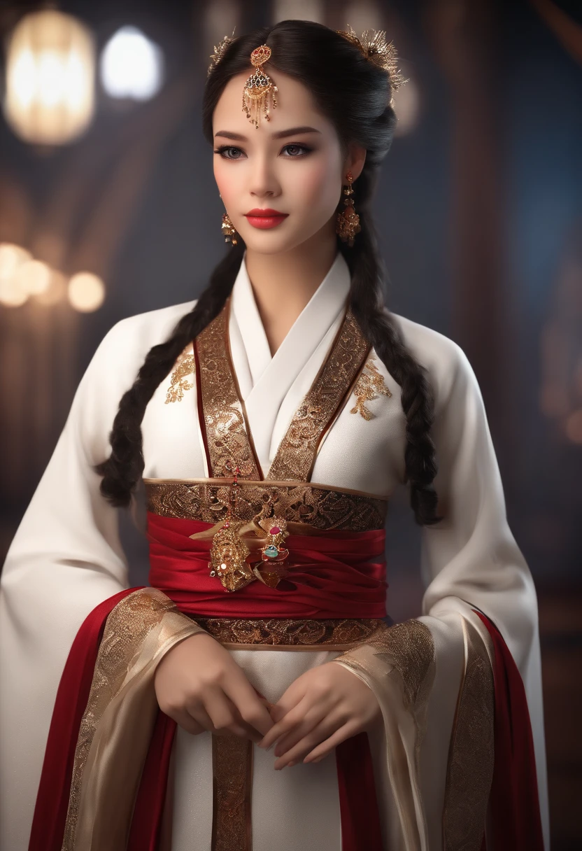 best quality, master part, Altas,, 1girl, Rosto detalhado, (parte superior do corpo:1.6), Cyber cities, montanhas e rios, Noite, luzes de vagalumes, Realistic, rico em detalhes, (Hanfu branco:1.2), (Corpo bonito:1.4),