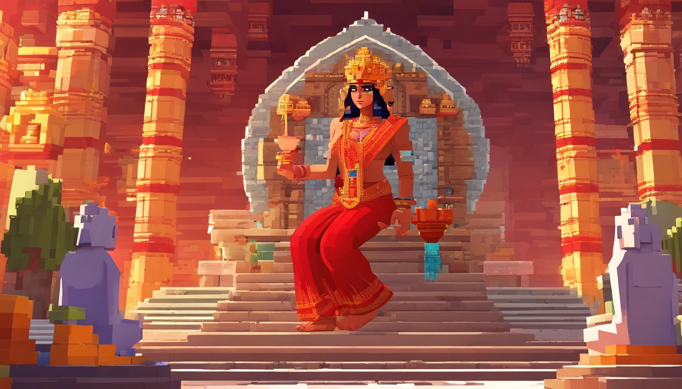 (highly detailed), (illustration), (complex), (beautiful face), (attractive body), (full body image), modern Indian goddess, Hinduism, (sheer red sari), (visible natural breasts), (NSFW) , dynamic pose, deity crown, (lion close), colorful, attractive, heavenly, inside a temple.