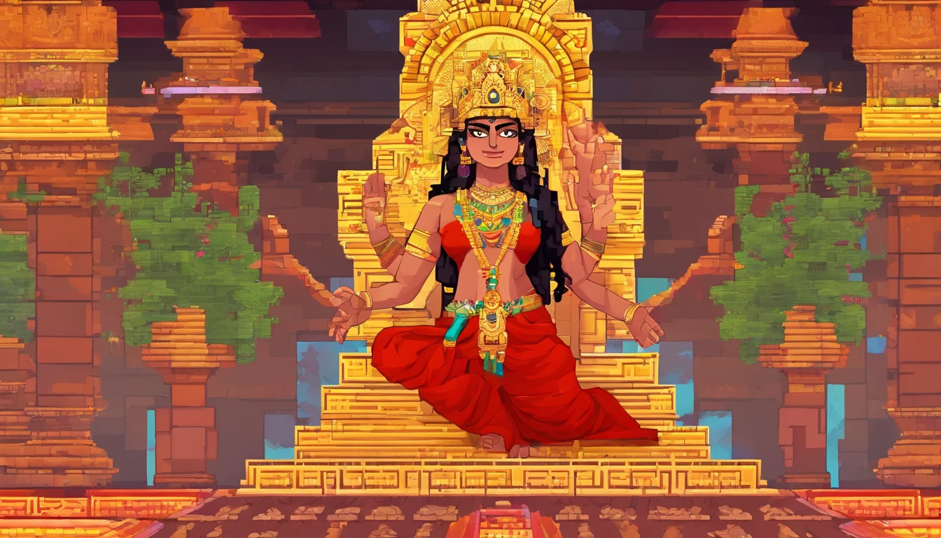 (highly detailed), (illustration), (complex), (beautiful face), (attractive body), (full body image), modern Indian goddess, Hinduism, (sheer red sari), (visible natural breasts), (NSFW) , dynamic pose, deity crown, (lion close), colorful, attractive, heavenly, inside a temple.