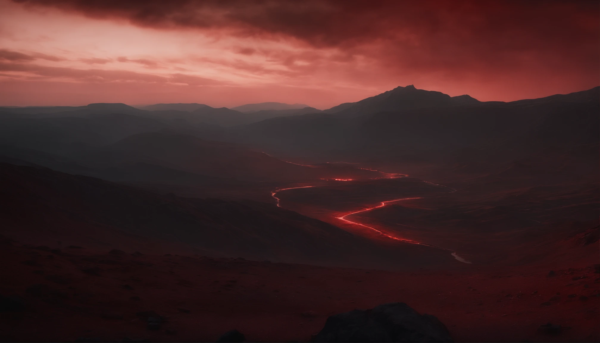 Hellish scenario, red atmosphere, apocalyptic scenario, hellish landscape, night, red sky, ultra detailed, photorealistic, masterpiece, trending on Artstation.