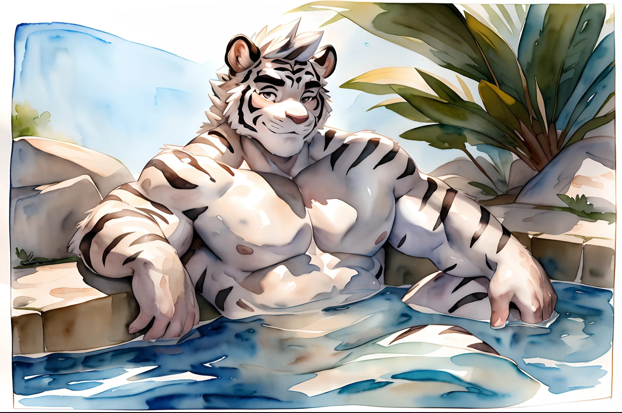 Hominidae, Pose for Camera. 4K, high resolution, Best quality, posted on e621, (Two anthropomorphic white tigers:1.2), Anthropomorphic white tiger, male people, 20yr old, Thick eyebrows, Light blue stripes, shaggy, Strong body, large pecs, ((Shirtless)), They are next to each other, Awa Onsen, Pink milk clusters, Soak in natural hot springs, Partially submerged, spread thighs, stretched action, (sport, Muscular, Heavyweight:1.2), Correct anatomy, (White background, Watercolor background:1.1), (by Chunie, author:Taran Fidler:0.8), (Detailed eyes:1.2), Sexy, (cel-shaded:1.2), cartoon shading, (aquarelle:1.2), A little nervous expression, Be red in the face, (view the viewer:1.2), Look ahead