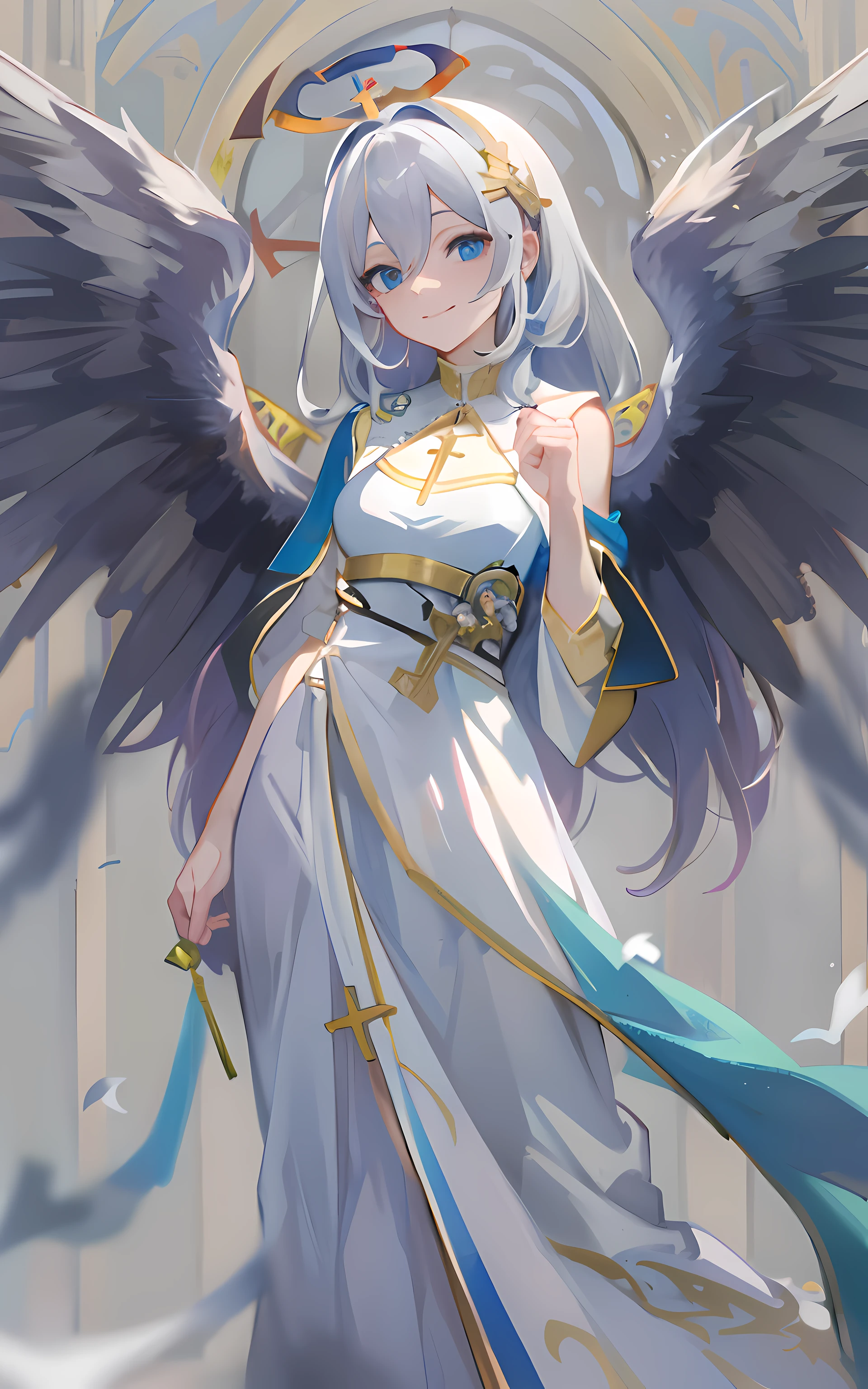 (Masterpiece: 1.5), (Best Quality: 1.5), Perfect Eyes, Perfect Face, Volumetric Lighting, 1 Woman, Mature Woman, (Whiteness: 5), angle, long grey hair, holy woman, church, long dress, small angle wings, full body, looking at the viewer, blue eyes, headband, cross, evil grin, big breasts, whip, sadistic smile,