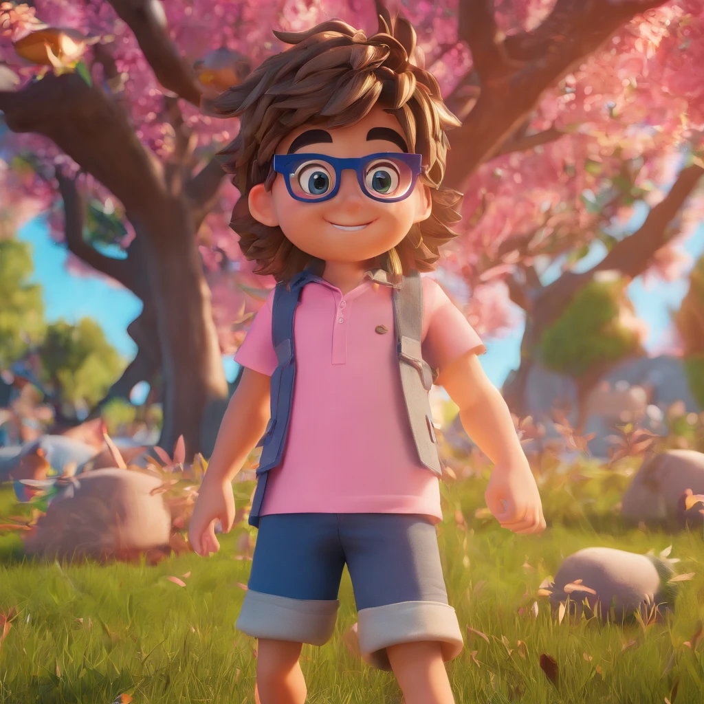11 year old boy, glasses, thin with large pink cheeks, brown eyes, messy hair, wears bracelets, shirt and shorts, background with trees, grass, birds, blue sky.