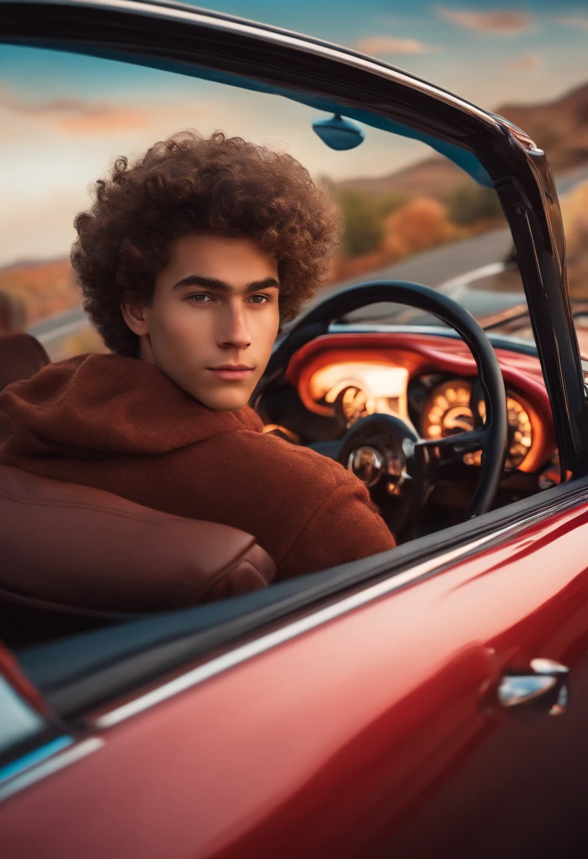 A male teenager with curly hair driving a porche inspired by Pixar animation