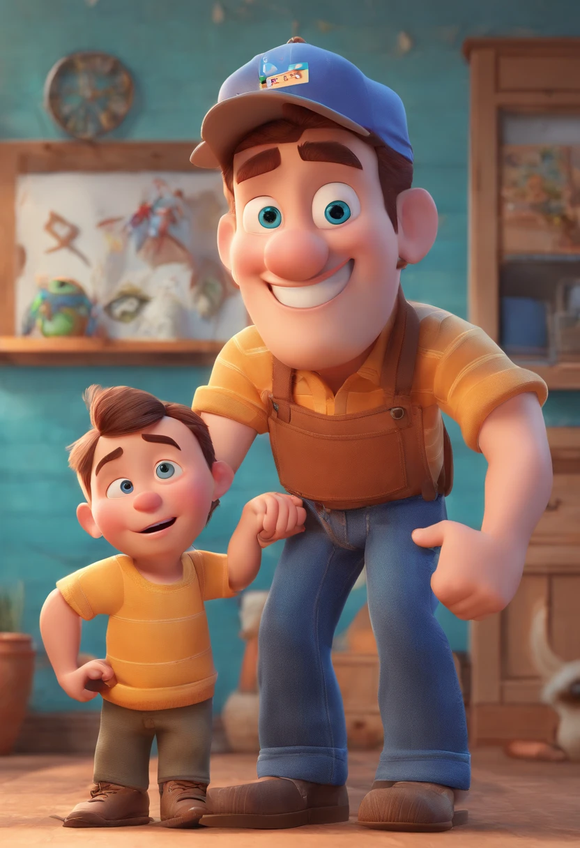 Estilo Pixar: The grown man is holding a naked blue-eyed boy and in his other hand he is holding a pair of scissors and is trying to cut off the boy's testicles,3D Poster,Disney