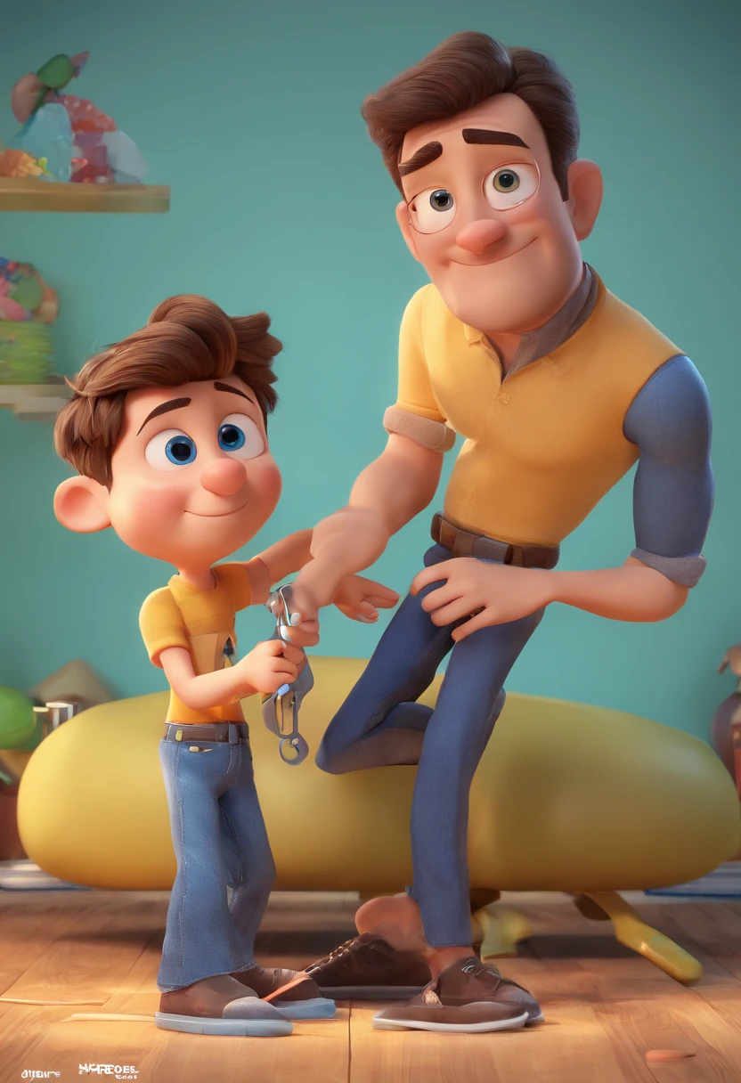 Estilo Pixar: The grown man is holding a naked blue-eyed boy and in his other hand he is holding a pair of scissors and is trying to cut off the boy's testicles,3D Poster,Disney