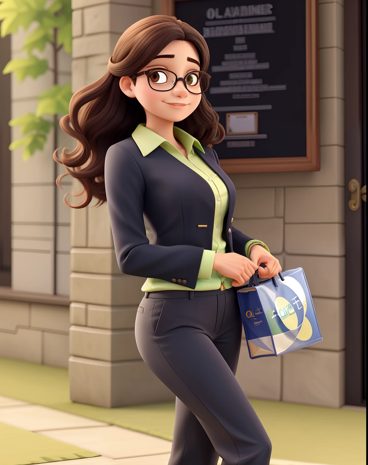Uma mulher advogada, jovem, Serious, Chic and wise, com cabelo longo e liso escuro, olhos na cor preta, olhos esbugalhados e boca grande, with black dress pants, blusa preta e brazer verde bandeira, of prescription glasses with brown frame with ounce, salto alto preto, In a fancy law firm.