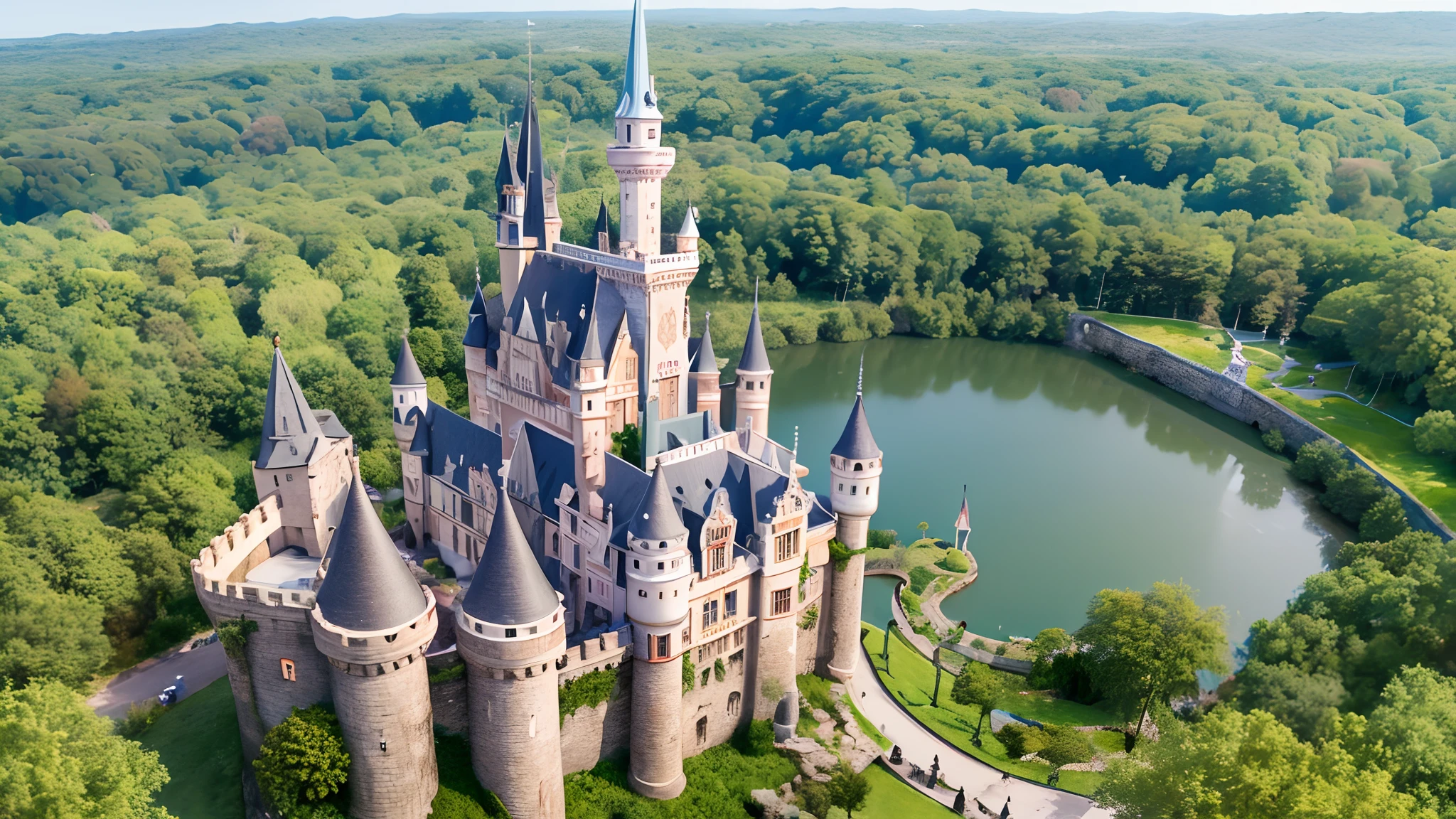 Drone orbital flight over a castle in wonderland, the most fantastic and fabulous Castle, very impressive and magical land, very diverse and colourful nature in background, with very diverse environment, cartoon inhabitants, intricate details, cheerful and calm atmosphere, --auto --s2