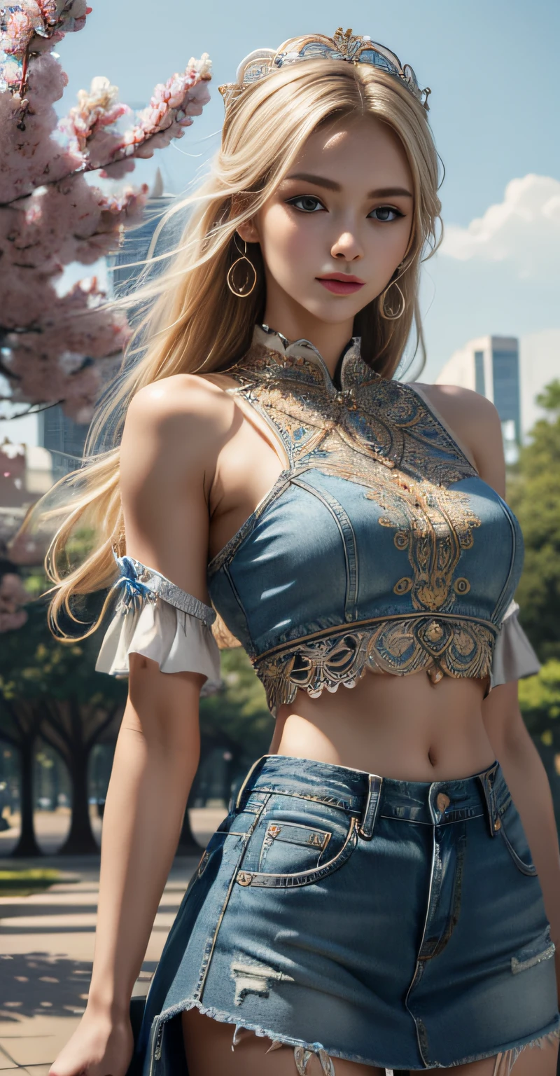 masterpiece, best quality, 1girl, beautiful, fine, delicate, extremely intricate, detailed, blonde hair, crop top and short denim skirt, blue eyes, ((masterpiece)), extremely detailed, best quality, high resolution, ((at a park)),