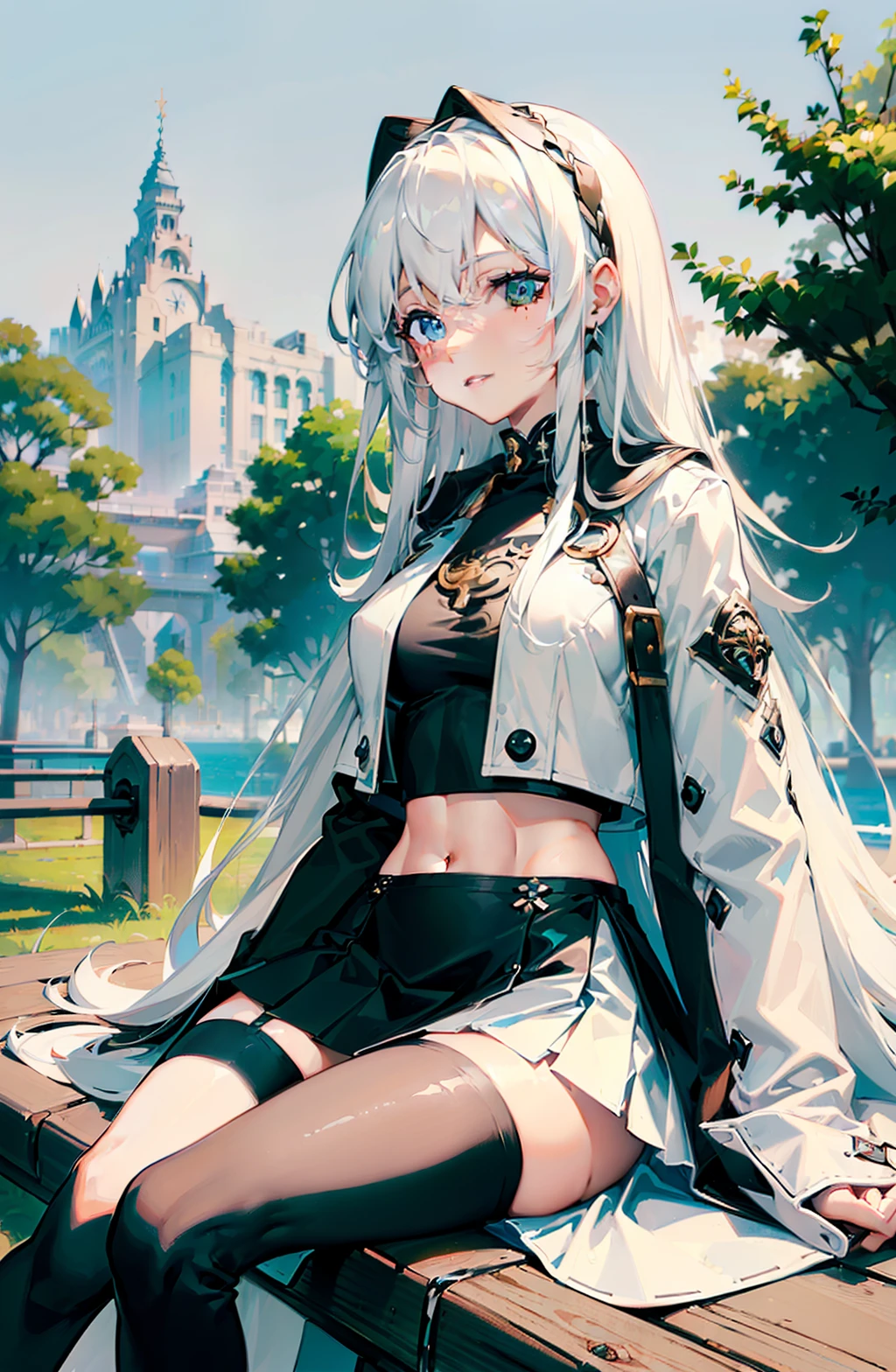 (obra maestra), mejor calidad, ojos expresivos, cara perfecta, animal_orejas, lleno_cuerpo, 1 chica, Cola, solo, blanco thighhighs, collar, leopardo_orejas, mangas largas, mangas separadas, blanco_cabello, long cabello, blue_eyes, joyas, blanco_calzas, animal_imprimir, falda negra, blanco boots, small senos, (marcas de bigotes), senos, oscuro_piel, armadura, plata_cabello, leopardo Cola, sin tirantes, pelo_recortar, Gato_orejas, deColaed jungle scenery