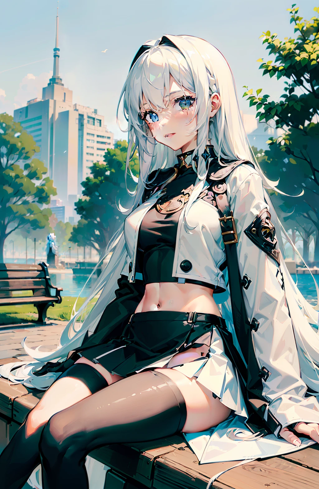 (1womanl), (Beautiful trendy girl), masutepiece, Beautiful, pixiv, of the highest quality, (((long white hair))), Korean bangs, (((cowlick))), Head to the thigh shot view, (((Blue eyes))), ((Black crop top)), (((White Fashion Coat))) ((Short tight black skirt)), (((Black stockings))), (Sitting on a park bench), (Warm smile), (Immeasurable blush), (Outdoor background), (((Perfect hands))), ((Put your hands between your legs.)),((((Detailed face detailed body))))