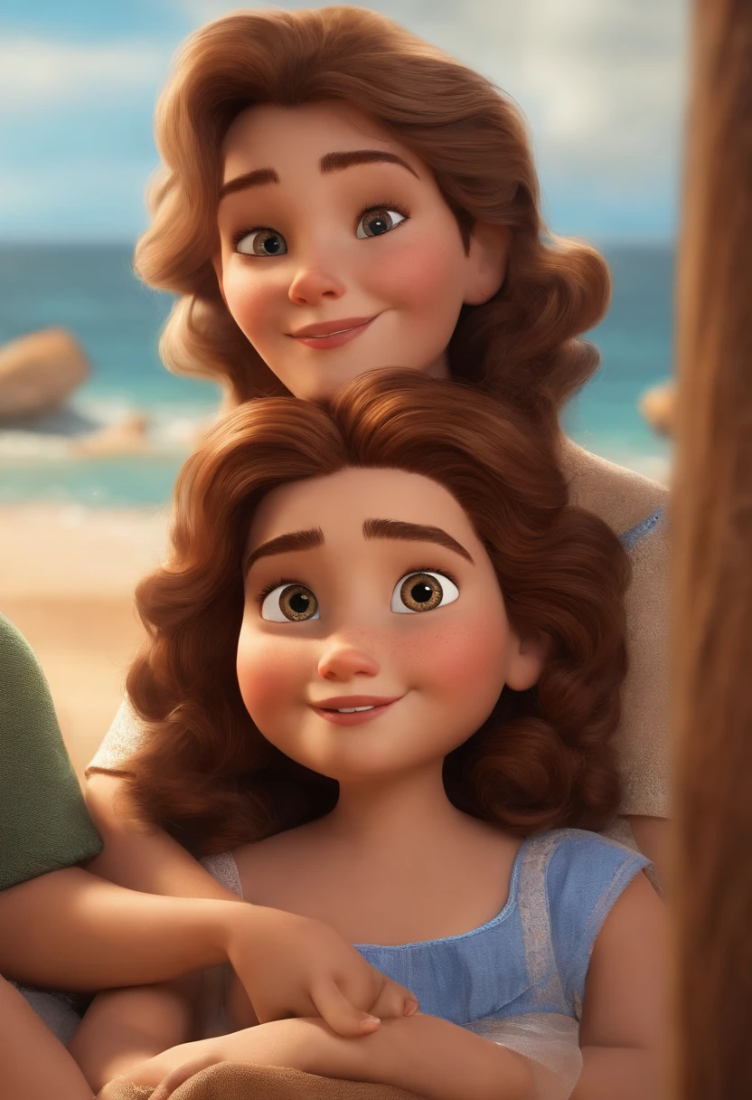 Poster estilo pixar, White family, pai com cavanhaque curto, cabelos com topete castanho e olhos azuis, Slightly overweight mother, long brown hair and brown eyes. O filho menor tem 4 anos, loiro com topete e olhos azuis, o filho maior tem 6 anos cabelos e olhos castanhos. Com fundo de praia