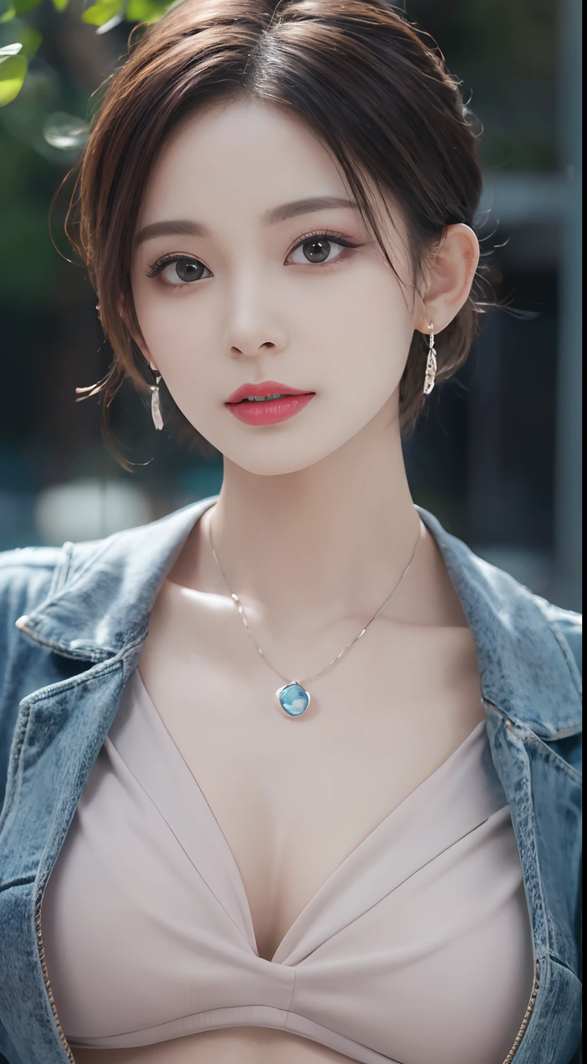 (RAW photo, high resolution, best quality, masterpiece:1.3), (realistic detailed, hyperrealistic, photorealistic: 1.2), shot by Canon EOS R6, Sharp focus, f/1.8, mid shot, upper body shot, 1girl, very delicate and beautiful, beautiful detailed girl, very detailed eyes and face, triangular face, beautiful detailed eyes, (slender figure, thin waist), cleavage, ((casual outfit)), stylish pendant, black earrings, natural makeup, pink shiny lips, swept side stylish short hair, perfect style, (morning outdoor with low light background), ultra-realistic, highest quality, super detailed