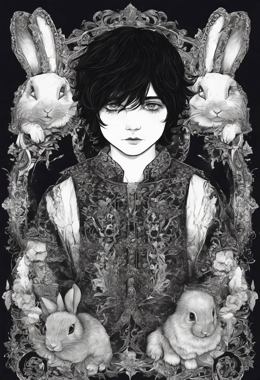 Child boy with black hair and blue eyes,in pajamas with bunnies,face covered in blood,smiling at camera