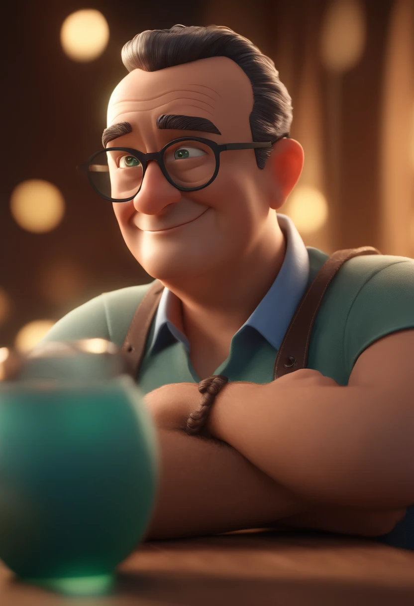 Cartoon character of a man with black glasses and a blue shirt, animation character, Caractere estilizado, animation style rendering, 3D estilizado, Arnold Maya render, 3 d render stylized, toon render keyshot, Personagem 3D, Personagem 3D, 3d rendering stylized, 3 d character render, personagem de desenho animado, Personagem de close up, Pose de personagem, (Estilo Pixar) (master part:1.2) (Bokeh) (best quality) (pele detalhada) (textura detalhada) (8k) (argila) (Cinematic lighting) (foco nítidoCreate a Disney Pixar style character, where I am 44 years old, male, white, green eyes, dark hair, big nose, sitting in front of a table