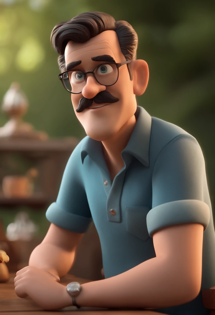 Cartoon character of a man with black glasses and a blue shirt, animation character, Caractere estilizado, animation style rendering, 3D estilizado, Arnold Maya render, 3 d render stylized, toon render keyshot, Personagem 3D, Personagem 3D, 3d rendering stylized, 3 d character render, personagem de desenho animado, Personagem de close up, Pose de personagem, (Estilo Pixar) (master part:1.2) (Bokeh) (best quality) (pele detalhada) (textura detalhada) (8k) (argila) (Cinematic lighting) (foco nítidoCreate a Disney Pixar style character, where I am 44 years old, male, white, green eyes, dark hair, big nose, sitting in front of a table