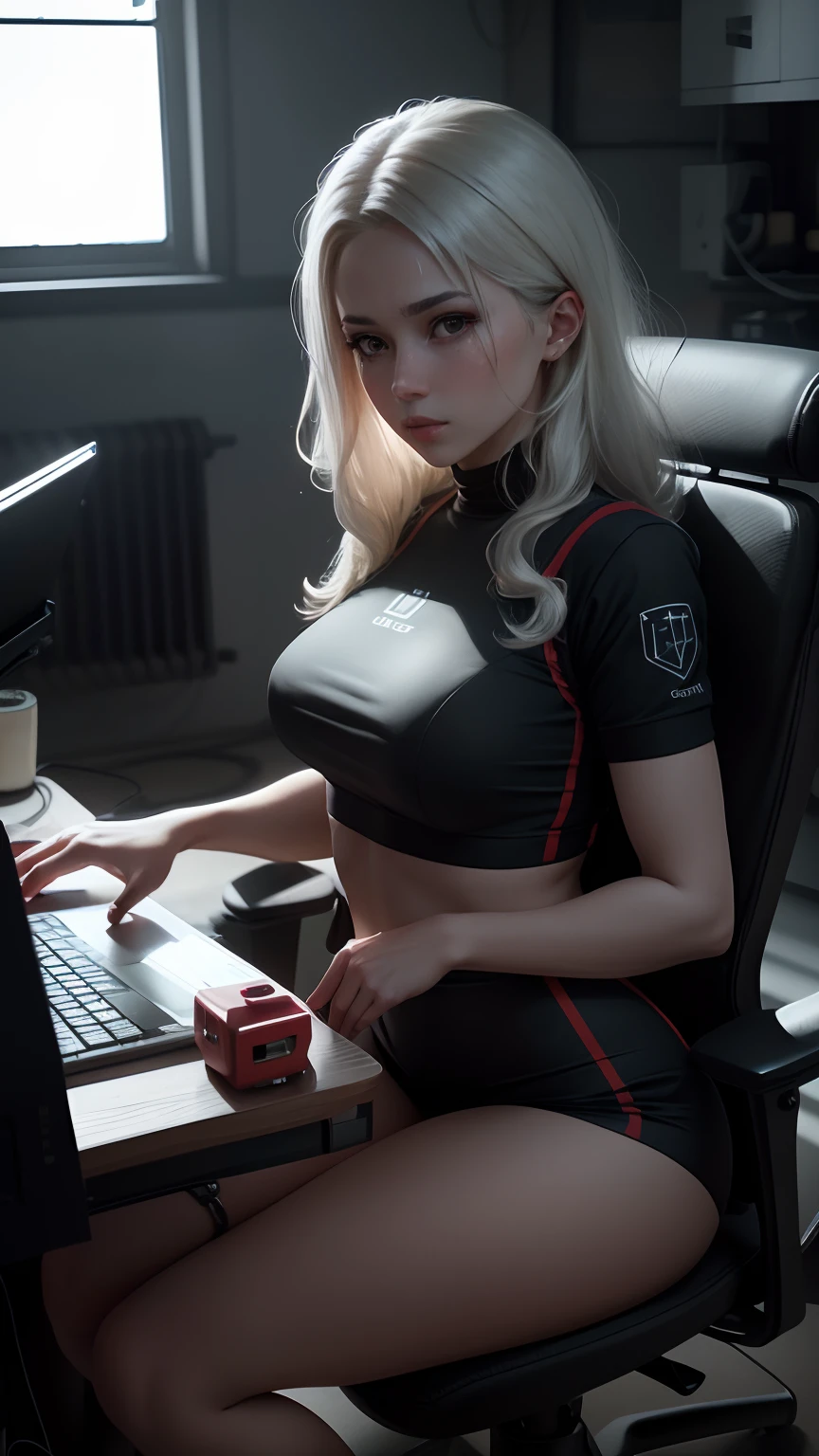 ((Best Quality)), ((Masterpiece)), (Very detailed:1.3), ..3d, Beautiful (ciberpunk:1.3) Female hacker, Thick hair, Revealing clothes, operating computer terminals, computer servers, LCD screens, fiber optic cables, corporate logos, HDR (High Dynamic Range), Ray Tracing, NVIDIA RTX, super resolution, Unreal 5, sub-surface Scattering, PBR Textures, postprocessed, Anisotropic filtering, Depth of field, Maximum sharpness and sharpness, Multi-layer Textures, Albedo and specular mapping, Surface shading, Accurate Light-Material Interaction Simulation, Perfectly proportioned, Octane rendering, duotone lighting, Low ISO, White balance, the rule of thirds, Wide aperture, 8K RAW, high efficiency subpixels, sub-pixel convolution, glowing particles,