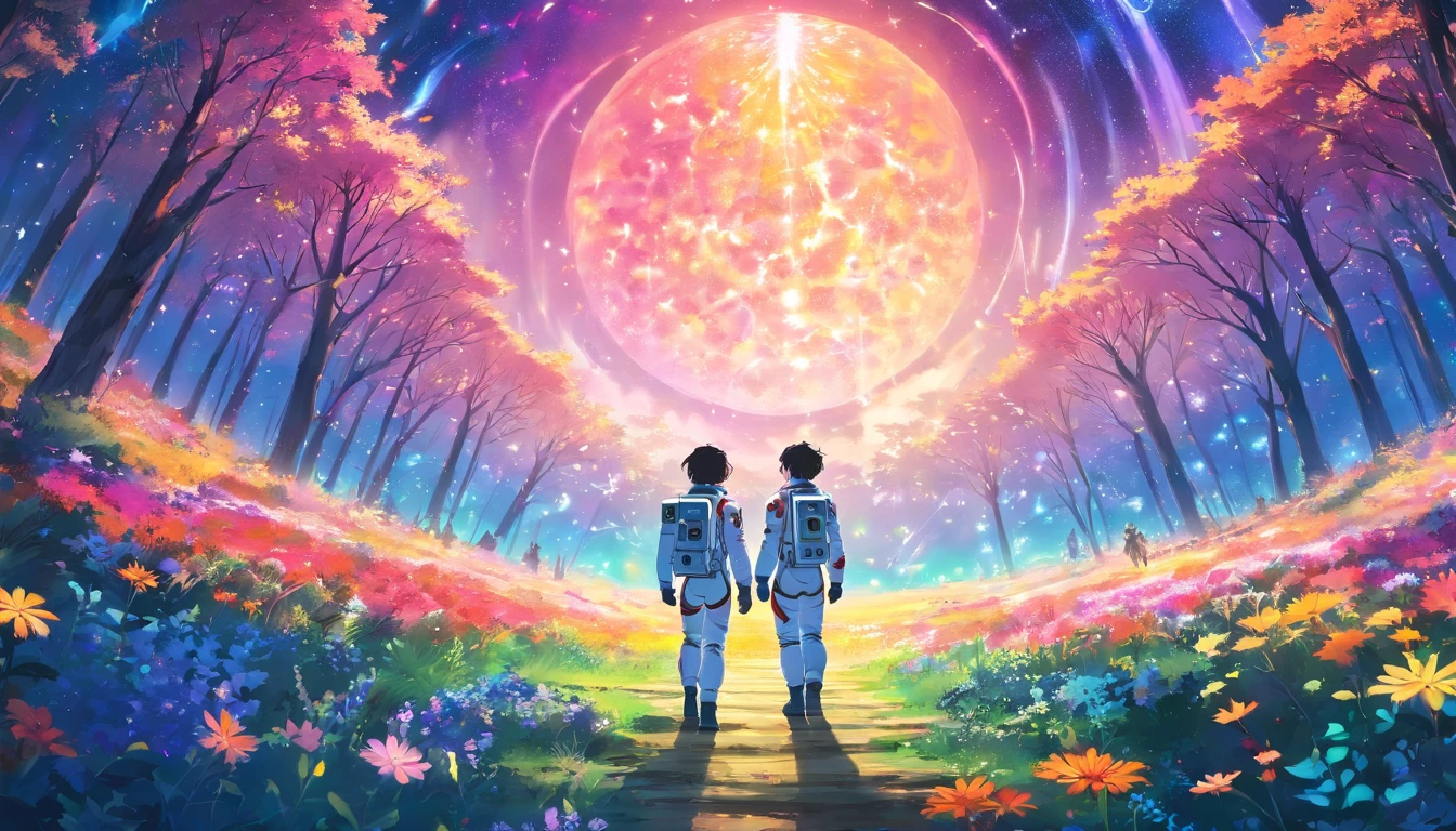 Astronauts stand on an otherworldly planet,Surrounded by vibrant flowers and a kaleidoscope of enchanting forests. The starry sky overhead is illuminated by strange and colorful lights, creating an ethereal atmosphere