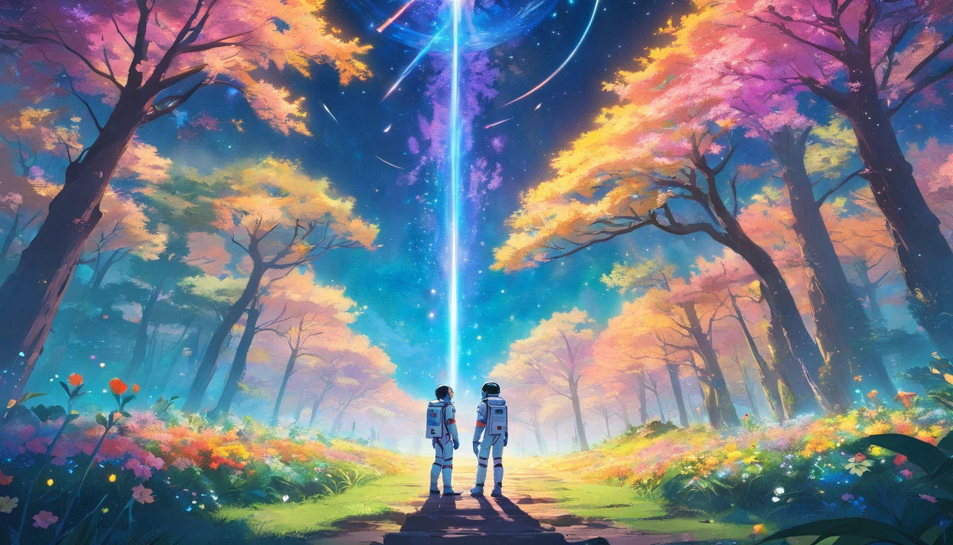 Astronauts stand on an otherworldly planet，Surrounded by vibrant flowers and a kaleidoscope of enchanting forests. The starry sky overhead is illuminated by strange and colorful lights, creating an ethereal atmosphere