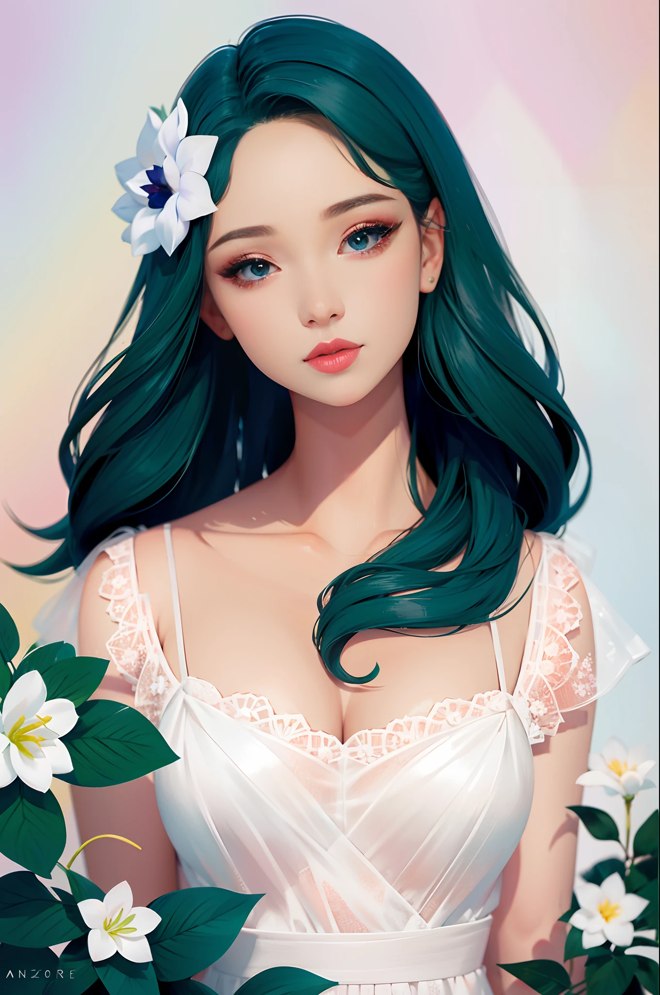 secret flower, ankymoore,
1girll, Solo, view the viewer, Blue eyes, Green eyes, hair adornments, flower, hair flower,Heterochromia, lipstick, kanzashi,