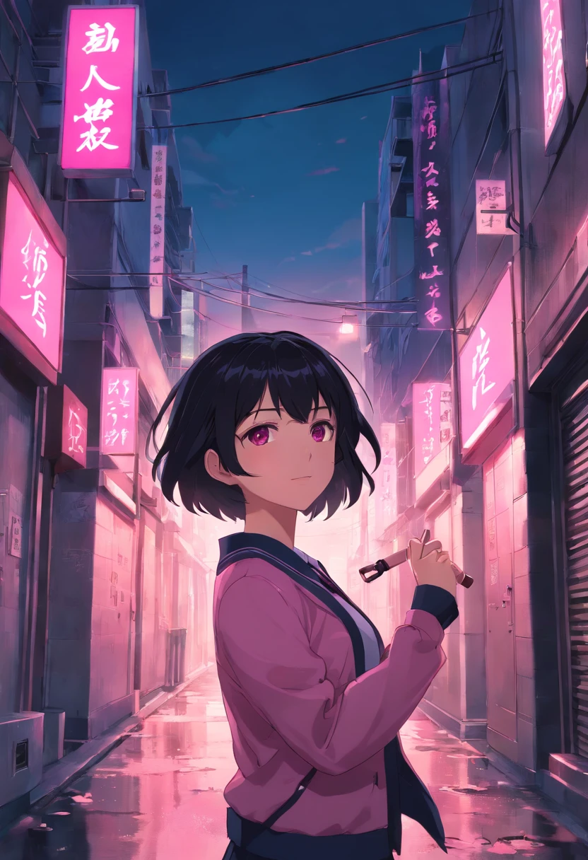 masterpiece, best quality, 1girl, best quality, master piece, 1girl, black hair, pink eyes, black serafuku, short hair, bangs, plus-shaped hairclif, jail town, smile sadistic, pink blood on every wall jail town, massacre mode, pink bloodstains on black serafuku, holding weapon, black and pink blood weapon, blood maiden, wallpaper