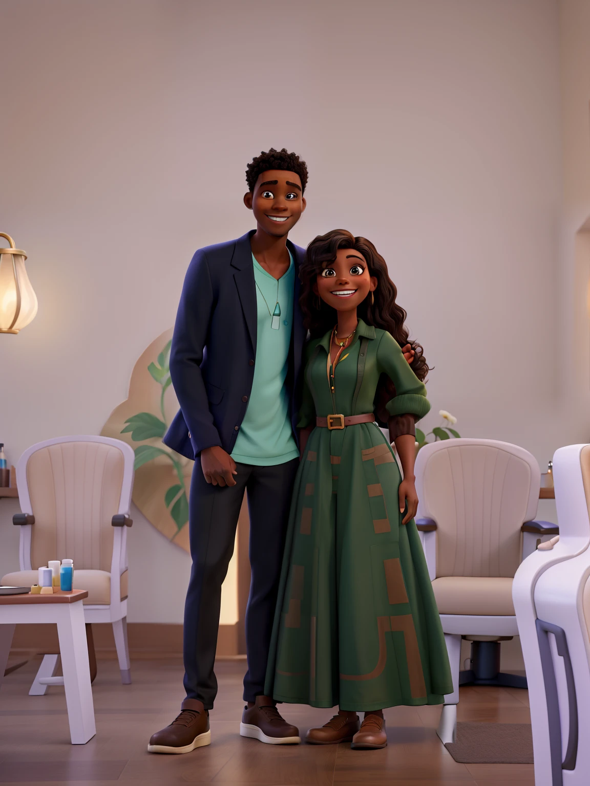 There's a black man and a brown woman next to each other in a salon. The two smile for the camera and are overjoyed. Make the image in Disney Pixar style.