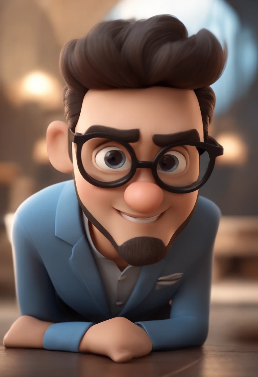 Cartoon character of a man wearing black glasses and a blue shirt, um personagem animado, Caractere estilizado, animation style rendering, 3D estilizado, Arnold Maya render, 3 d render stylized, toon render keyshot, Personagem 3D, Personagem 3D, 3d rendering stylized, 3 d character render, personagem de desenho animado, Personagem de close up, Pose de personagem, (Estilo Pixar) (master part:1.2) (Bokeh) (best quality) (pele detalhada) (textura detalhada) (8k) (argila) (Cinematic lighting) (foco nítido，Senta e vaza a parte superior do corpo