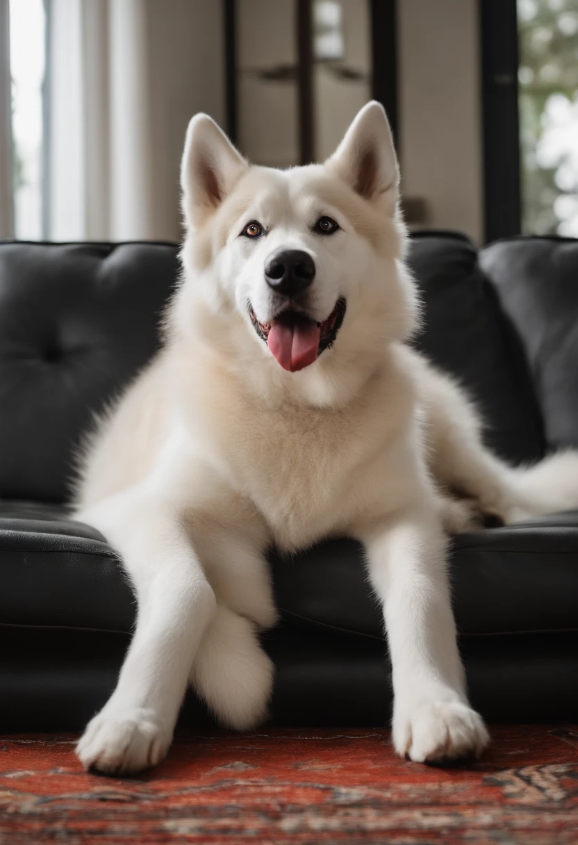 Husky Araffy dog sitting on a black sofa with his tongue sticking out, sitting on the couch, sitting on couch, sitting on a couch, Husky siberiano, sitting on couch, husky dog, husky, seated in a couch, sorrindo desviadamente, extremamente bonito, relaxing on the couch, on a couch, um bonito, at the sitting couch