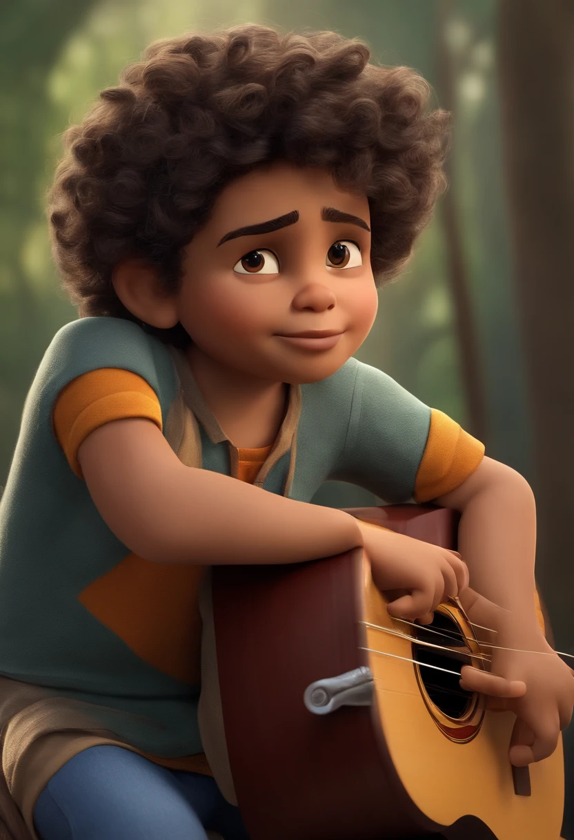 crie um banner no estilo Pixar. A boy with Indian features, moreno pardo com cabelos curtos, Castanhos escuros, Curly and slightly grayish appearance, mas jovem, usando uma camiseta, Wearing jeans and holding a classical guitar with 7 strings.