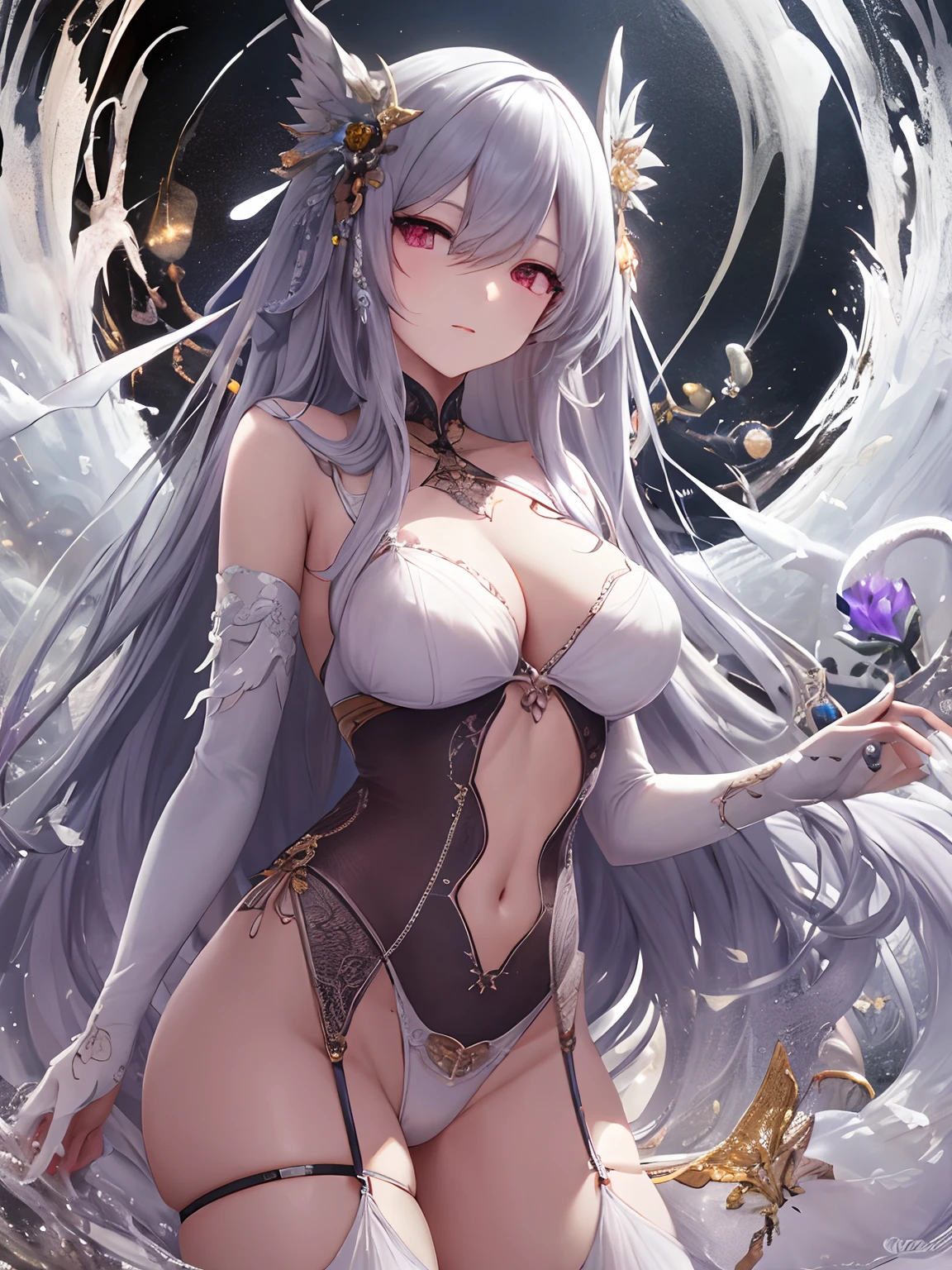 pixiv Competition Winner, Fantasy Art, Gray-haired, beautiful character painting, Guvez style artwork,((There is a large white snake)) Yukionna's dazzling gaze, guweiz, long white hair, Flowing hair, cute large eyes, Illustrations, fine lines, dark colored,in one's underwear only,Yuki,(((Pink lingerie in lace and silk with attention to detail))),bow ribbon,The incandescent effect of neon colors