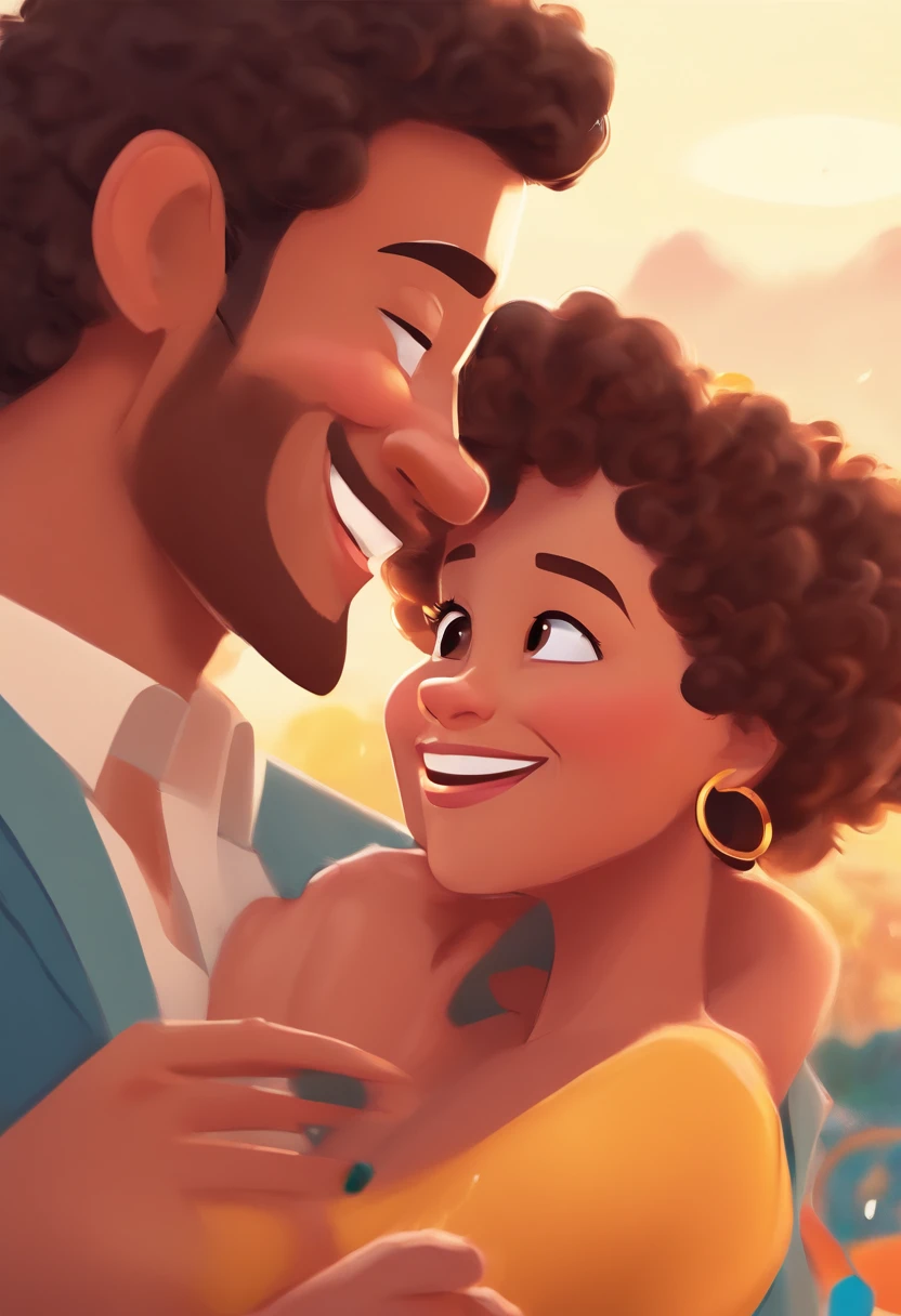 An illustration of an adorable couple, Highlighting a white man and a black woman with beautiful expressive eyes – the man's skin is white and the man's hair is shaved and black, while the woman's skin is black and the woman's hair curly and black . They are a bright room, cada um com um sorriso no rosto, e compartilhar um momento especial caracterizado pelo amor, Insights. Illustrate this scene from a perspective where they are facing the camera, Smiling and Showing Your Connection. Desenvolva esta arte em Full HD, Focus on your cinematic touch, Estilo Disney Pixar Animations