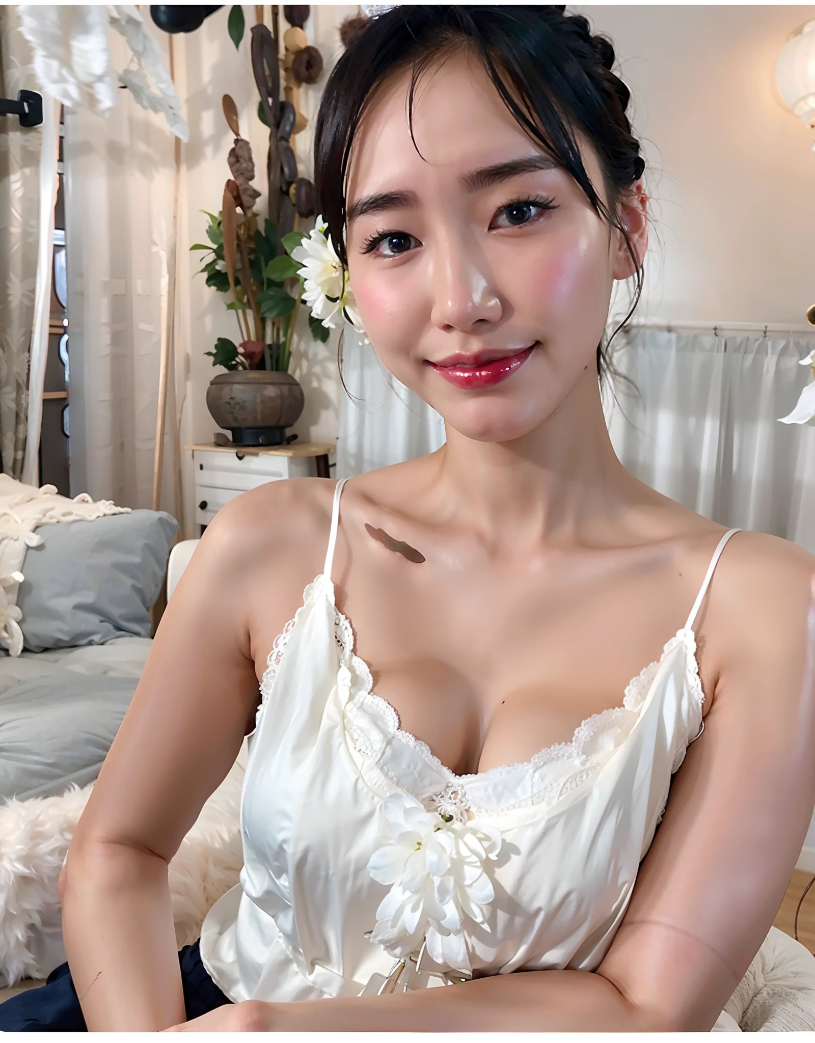 Alafian Asian woman in white blouse sitting on white sofa, Gorgeous young Korean woman, gorgeous chinese models, Beautiful young Korean woman, friendly seductive smile, Milky white skin, beautiful Korean women, cute seductive smile, pale milky white porcelain skin, cute delicate face, Beautiful Asian girl, wearing white camisole, young cute wan asian face, A slightly cute smile and a flower in hand