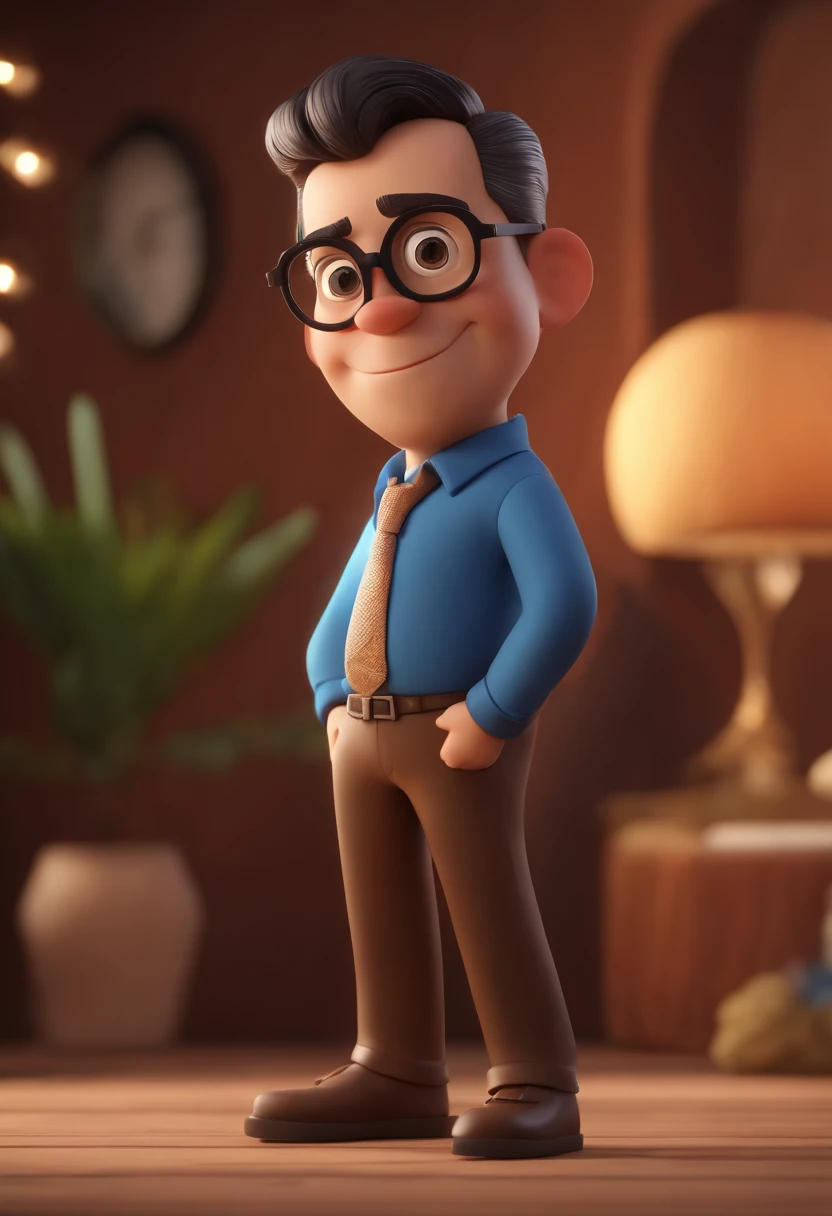 Cartoon character of a man wearing black glasses and a blue shirt, um personagem animado, Caractere estilizado, animation style rendering, 3D estilizado, Arnold Maya render, 3 d render stylized, toon render keyshot, Personagem 3D, Personagem 3D, 3d rendering stylized, 3 d character render, personagem de desenho animado, Personagem de close up, Pose de personagem, (Estilo Pixar) (master part:1.2) (Bokeh) (best quality) (pele detalhada) (textura detalhada) (8k) (argila) (Cinematic lighting) (foco nítido,Senta e vaza a parte superior do corpo