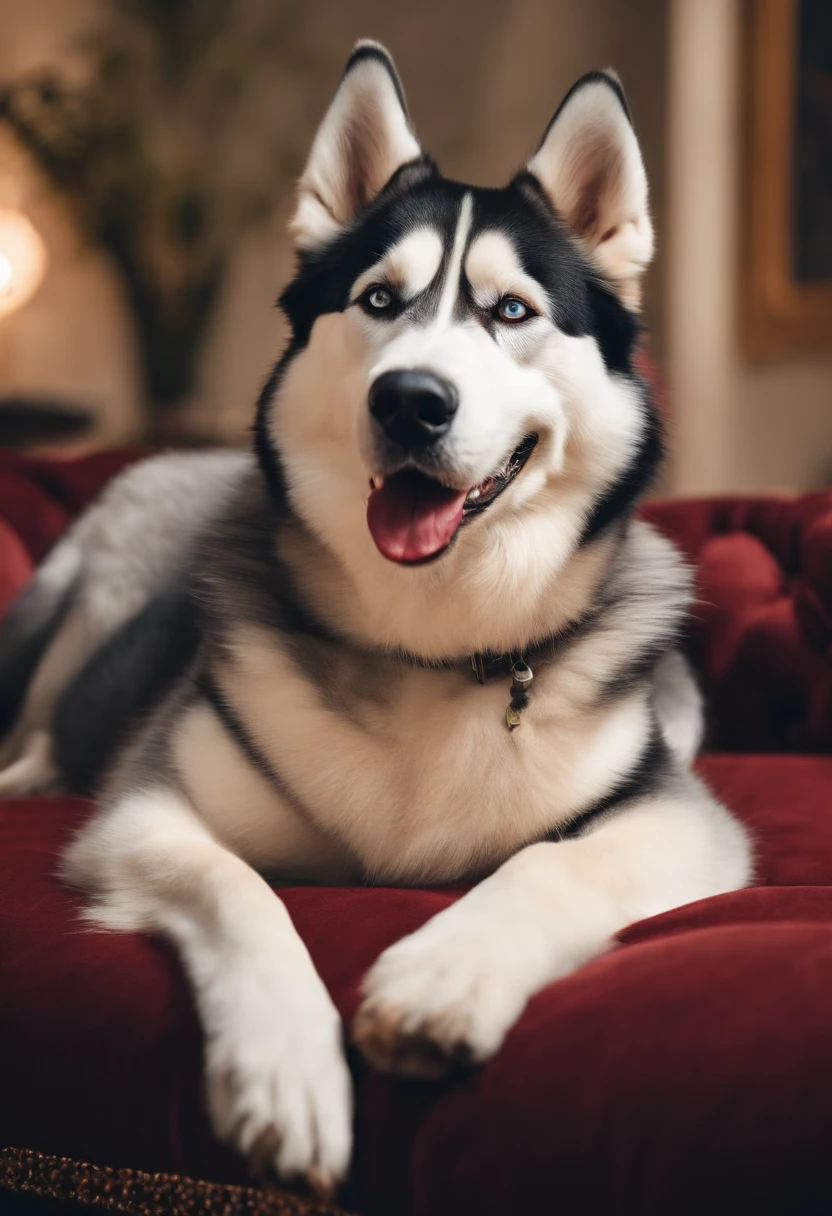 Husky on sofa happy and smiling