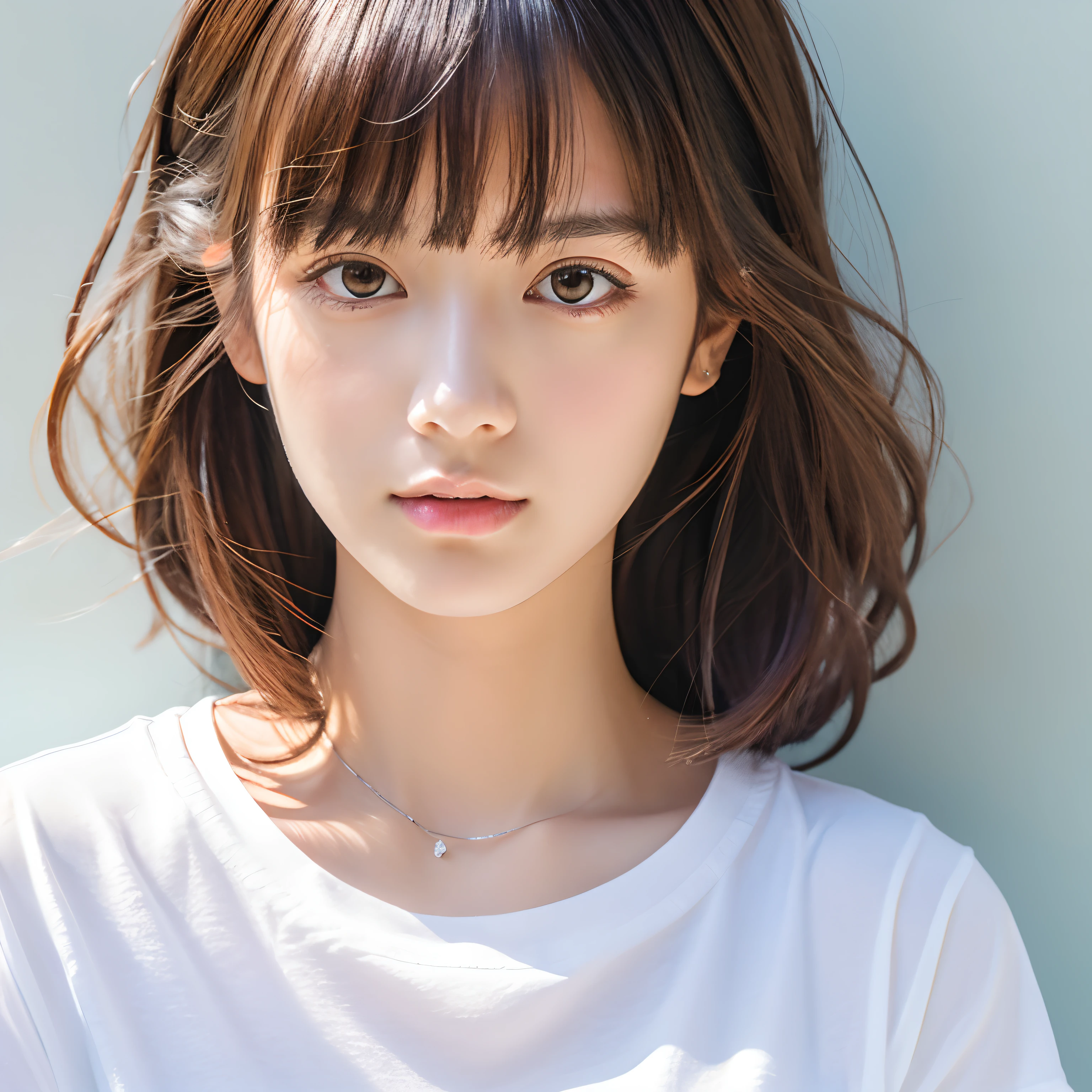 masterpiece, best quality, 8k, absurdres, (upper body:1.4), white shirt, beautiful girl, pretty face, looking at viewer, smile, ultra realistic, highres, photography, film grain, chromatic aberration, sharp focus, HDR, facelight, dynamic lighting, cinematic lighting, professional shadow, simple background, (dull yellow background:1.4), highest detailed, extreme detailed, ultra detailed, finely detail, real skin, delicate facial features, detailed face and eyes, sharp pupils, realistic pupils