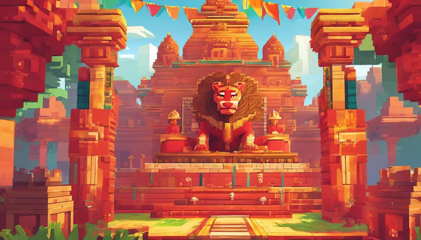 (highly detailed), (illustration), (beautiful smile), (beautiful eyes), (complex), (beautiful face), (attractive body), (full body image), modern Indian goddess, Hinduism, (sheer red sari), (visible natural breasts), (NSFW) , dynamic pose, deity crown, (lion close), colorful, attractive, heavenly, inside a temple.