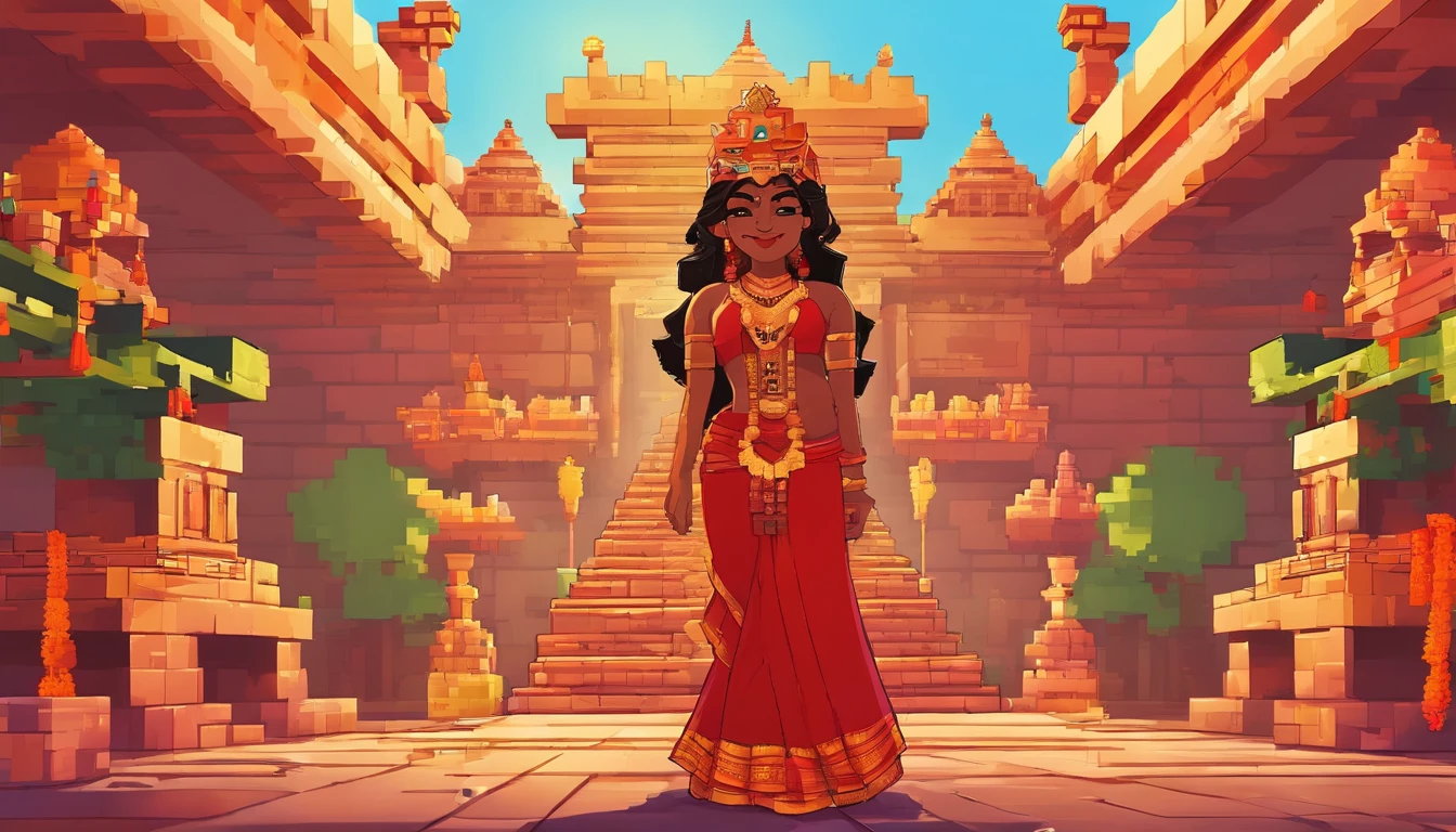 (highly detailed), (illustration), (beautiful smile), (beautiful eyes), (complex), (beautiful face), (attractive body), (full body image), modern Indian goddess, Hinduism, (sheer red sari), (visible natural breasts), (NSFW) , dynamic pose, deity crown, (lion close), colorful, attractive, heavenly, inside a temple.