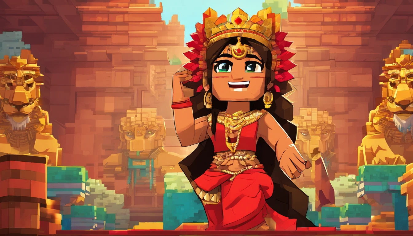 (highly detailed), (illustration), (beautiful smile), (beautiful eyes), (complex), (beautiful face), (attractive body), (full body image), modern Indian goddess, Hinduism, (sheer red sari), (visible natural breasts), (NSFW) , dynamic pose, deity crown, (lion close), colorful, attractive, heavenly, inside a temple.