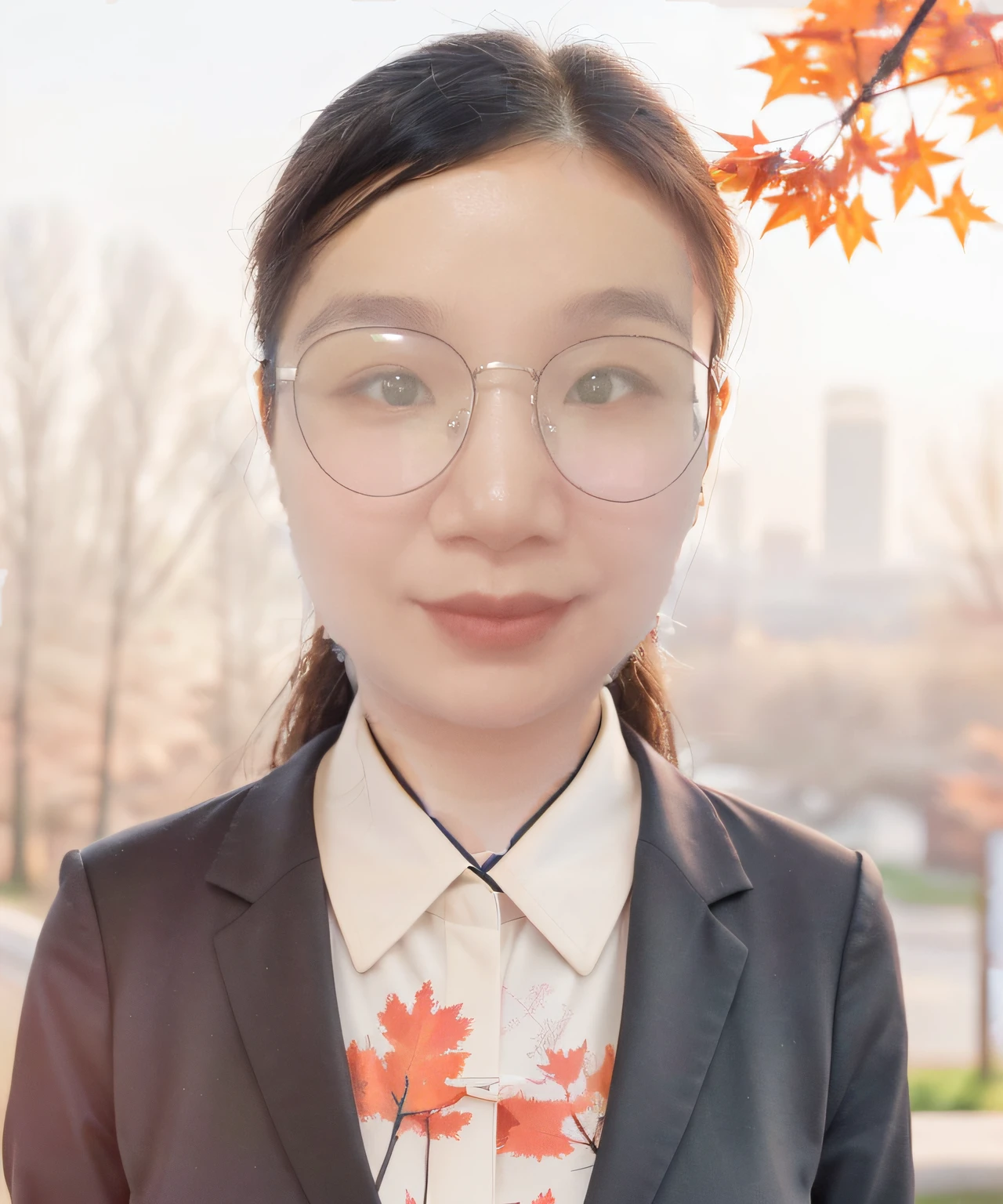 Highest image quality, Outstanding details, Ultra-high resolution, (Realism: 1.4), The best illustration, favor details, Highly condensed Chinese office girl, with a delicate and beautiful face, Scenic red maple trees and sunset in the background