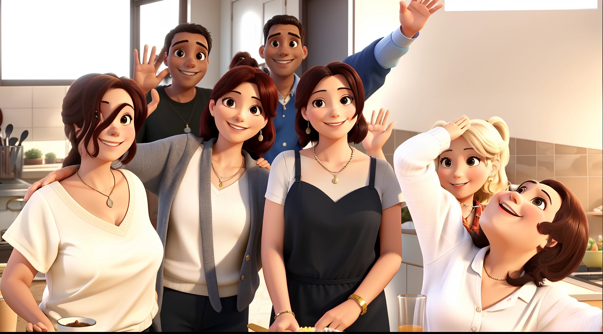 Happy family smiling and waving at camera while wishing happy birthday to someone who is watching the video. The photo is made up of three women in the foreground, another one who is eating in the lower right corner and in the background two men wave. Everyone is in the kitchen of a house.