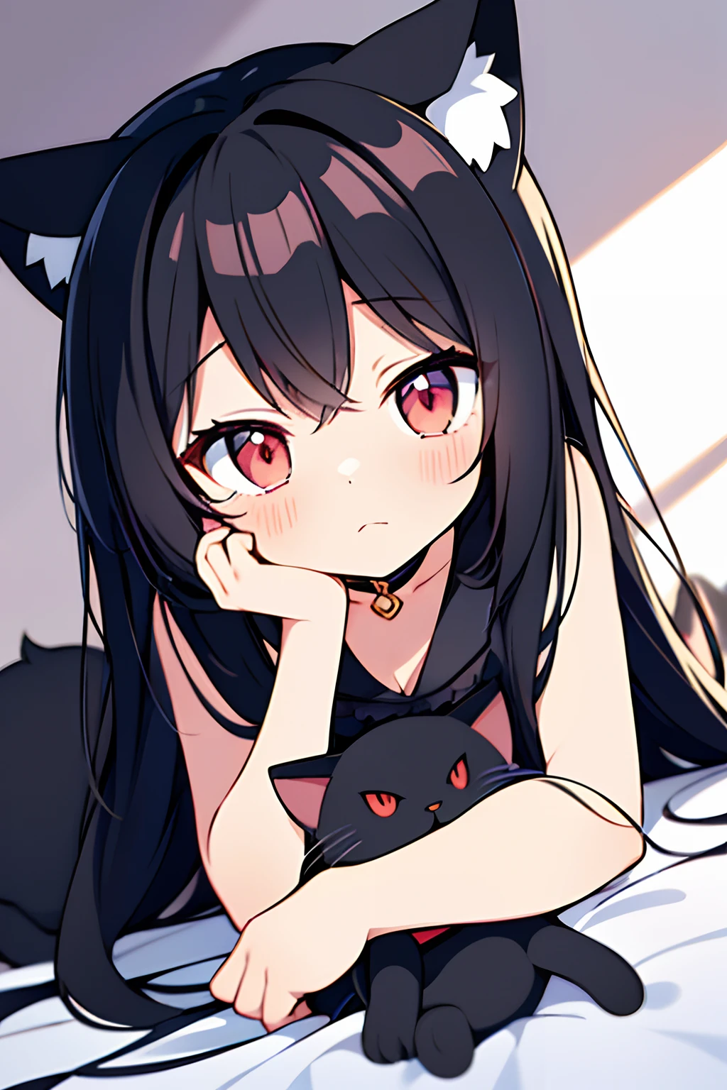 Anime girl lying on bed with long black hair and red eyes, cute anime catgirl, Black Cat Girl, anime girl with cat ears, beautiful anime catgirl, Very beautiful anime cat girl, anime catgirl, anime moe art style, Black ( cat ) Girl, very beautiful cute catgirl, Cute anime girl, (Anime girl), anime cat, cat woman，The overall color tone is bluish white