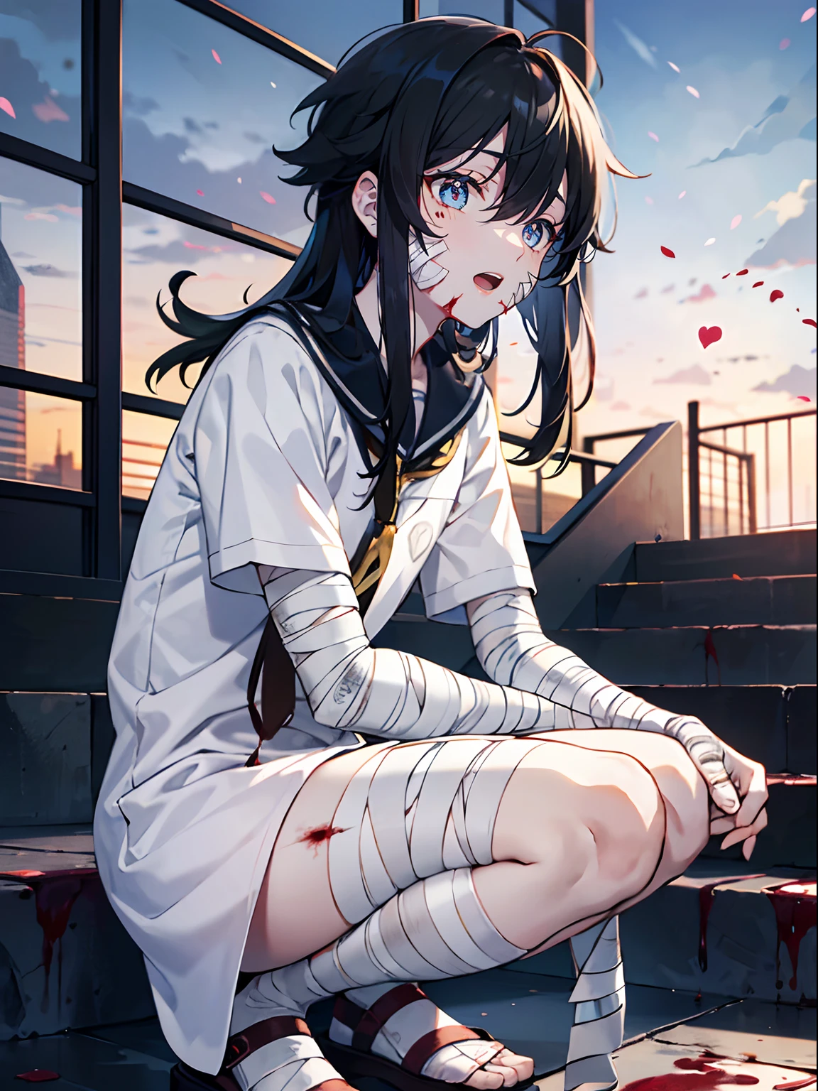 extremely delicate and beautiful, animated, ligne claire, dutch angle, from below, focus on eyes, squatting, sliver and broken body, guy, , A man with has short black hair, messy hair, Air bangs, long bangs between eyes, white and black hair, absurdly long hair, extremely detailed cute anime face, turn pale, heart-shaped pupils, Slightly open mouth, white skin, bandages, blood from mouth, white clothes, landscapes,