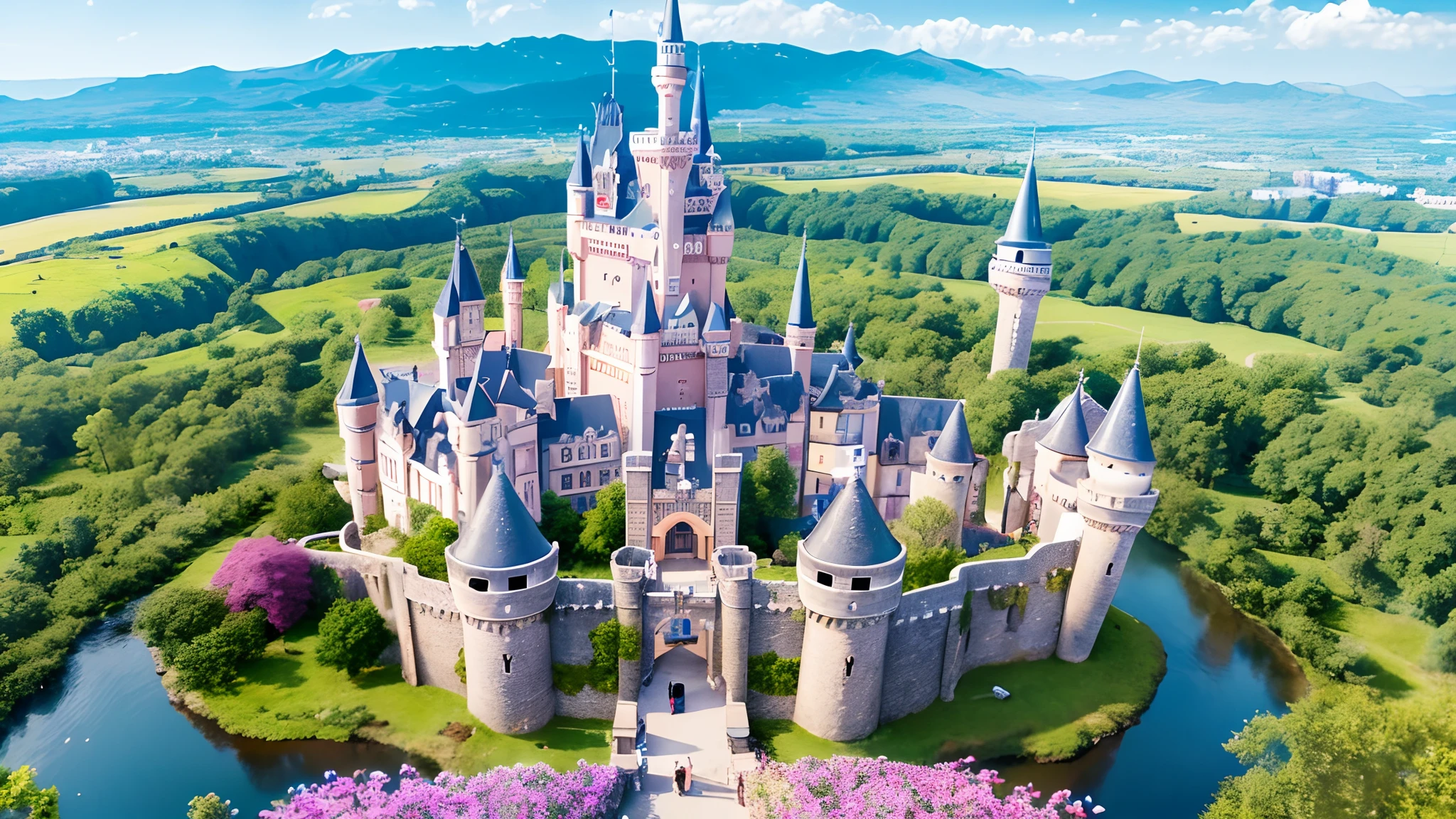 Drone orbital flight over a castle in wonderland, the most fantastic and fabulous Castle, very impressive and magical land, very diverse and colourful nature in background, with very diverse environment, cartoon inhabitants, intricate details, cheerful and calm atmosphere, --auto --s2