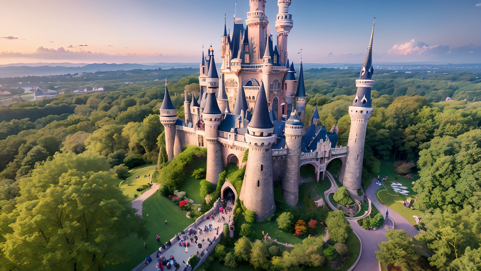 Drone orbital flight over a castle in wonderland, the most fantastic and fabulous Castle, very impressive and magical land, very diverse and colourful nature in background, with very diverse environment, cartoon inhabitants, intricate details, cheerful and calm atmosphere, --auto --s2