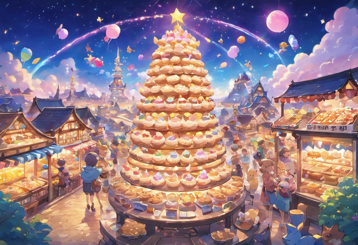 Night view of the land of sweets、Fantastic atmosphere、Watching from a distance、A house made of cookies、Rides made of candy、Table made of chocolate、A sparkling world、top-quality、masterpiece、night landscape、A city illuminated by street lamps、Rear view of a boy and a wolf looking up at the city and being impressed、Be overwhelmed by the powerful cityscape、A tower of sweets rises in the distance、You can see the Ferris wheel in the distance、Cotton candy cloud、Cityscape illuminated by moonlit night、Twinkling Stars、Mixed Juice Lakes