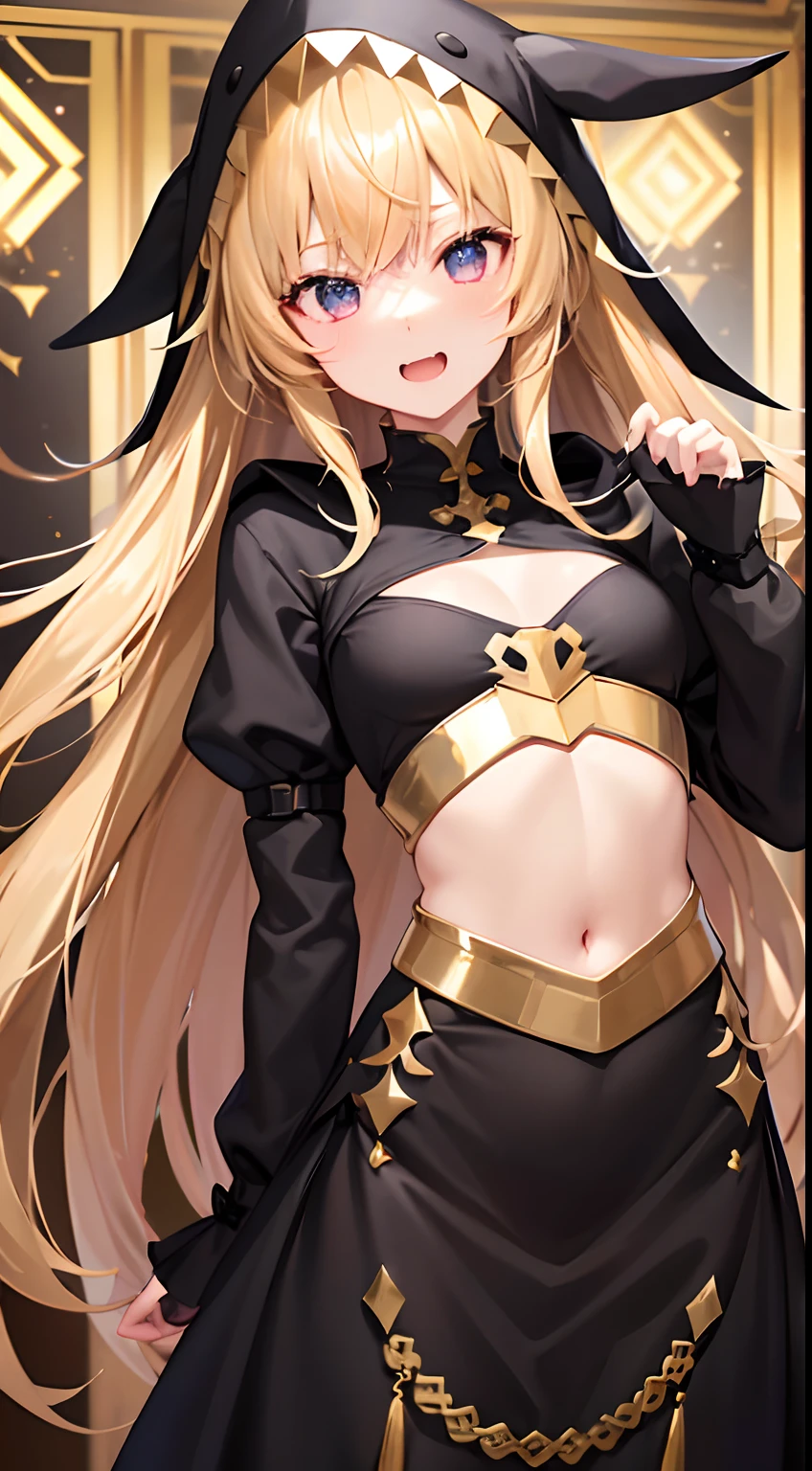 hight resolution、hightquality、ultra-detailliert、8k wallpaper、1人の女性、Beautiful fece、adult-like、a blond、Wearing a shark hood、Teeth are shark fangs、Kamimei、Melancholy is in the air、Lovers feeling、Little devil feeling、Be loved、Familiarity、Gold and black dress、Gold and black background、opulent、Overall more gold and black、emblem