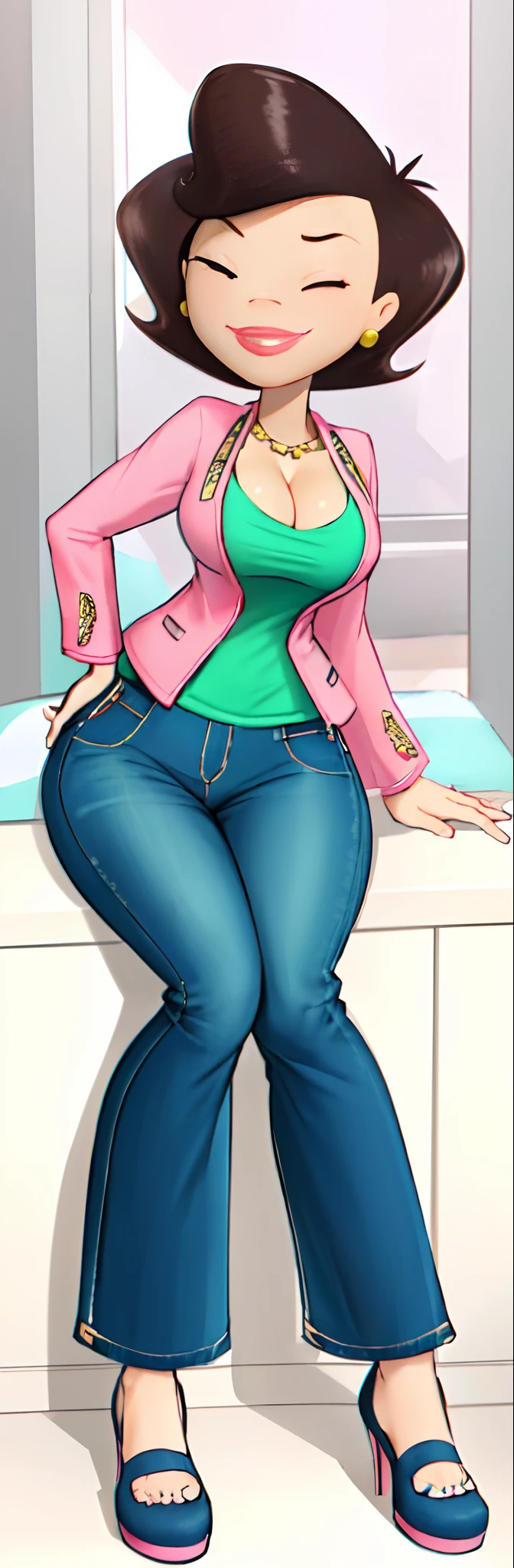 susanlongv1, looking at viewer, pink lips, smile, black hair, black eyes, pink jacket, jeans, mature female, big breasts, curvy, squinting, (green shirt), paper lantern, evening, volumetric lighting, light particles, sitting